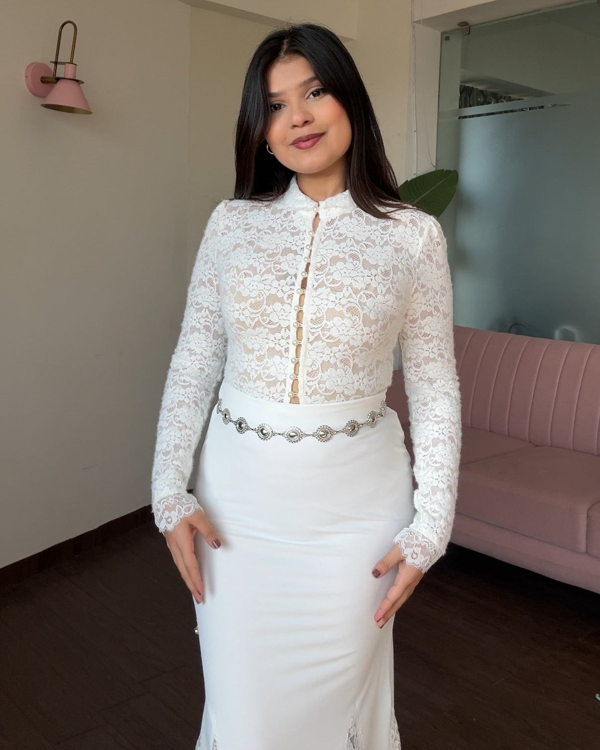 Lacy High Neck Pearl Button Top With Inner