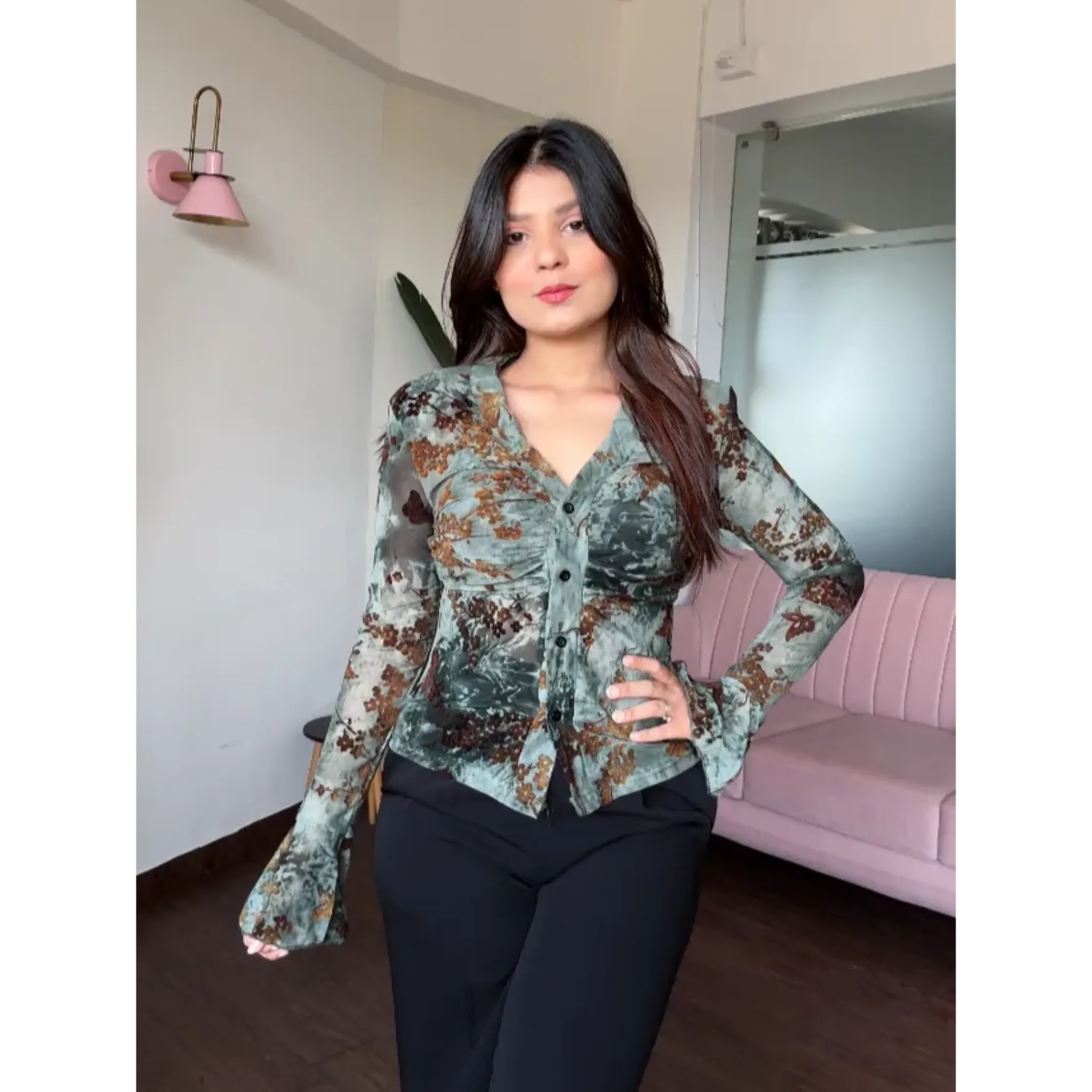 Velvet Embroidery Mesh Rushed Fitted Shirt