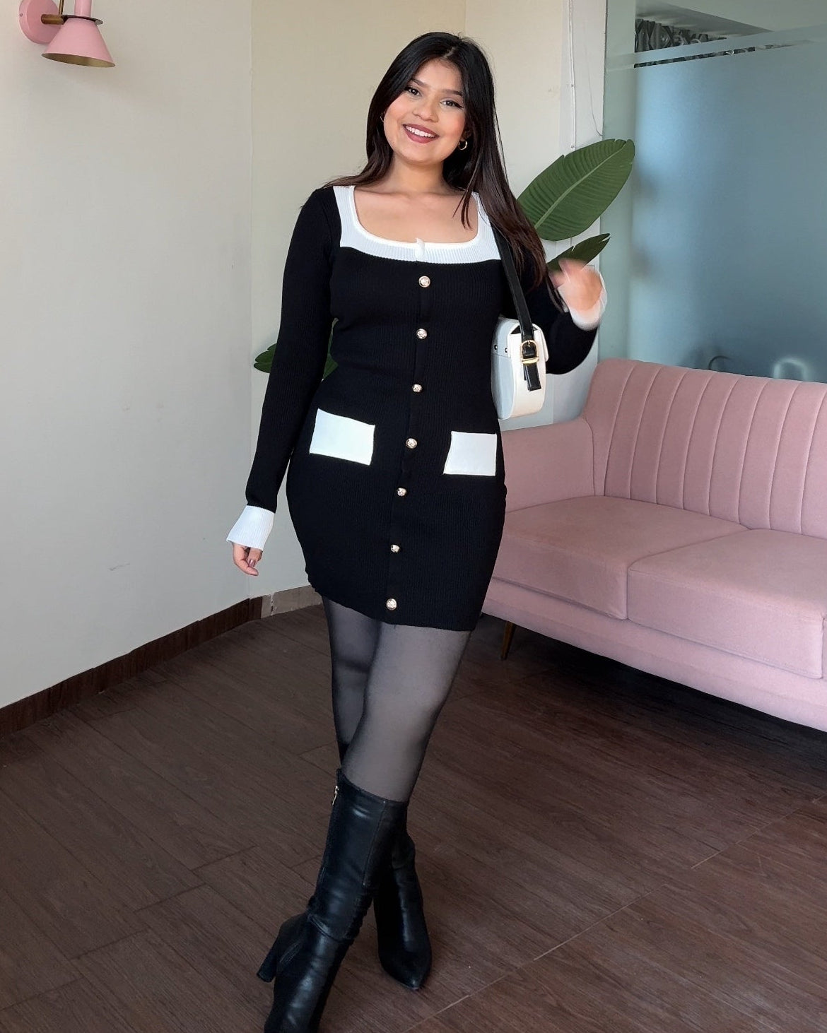 Contrast Detailing Square Neck Golden Button Bodycon Mini Dress