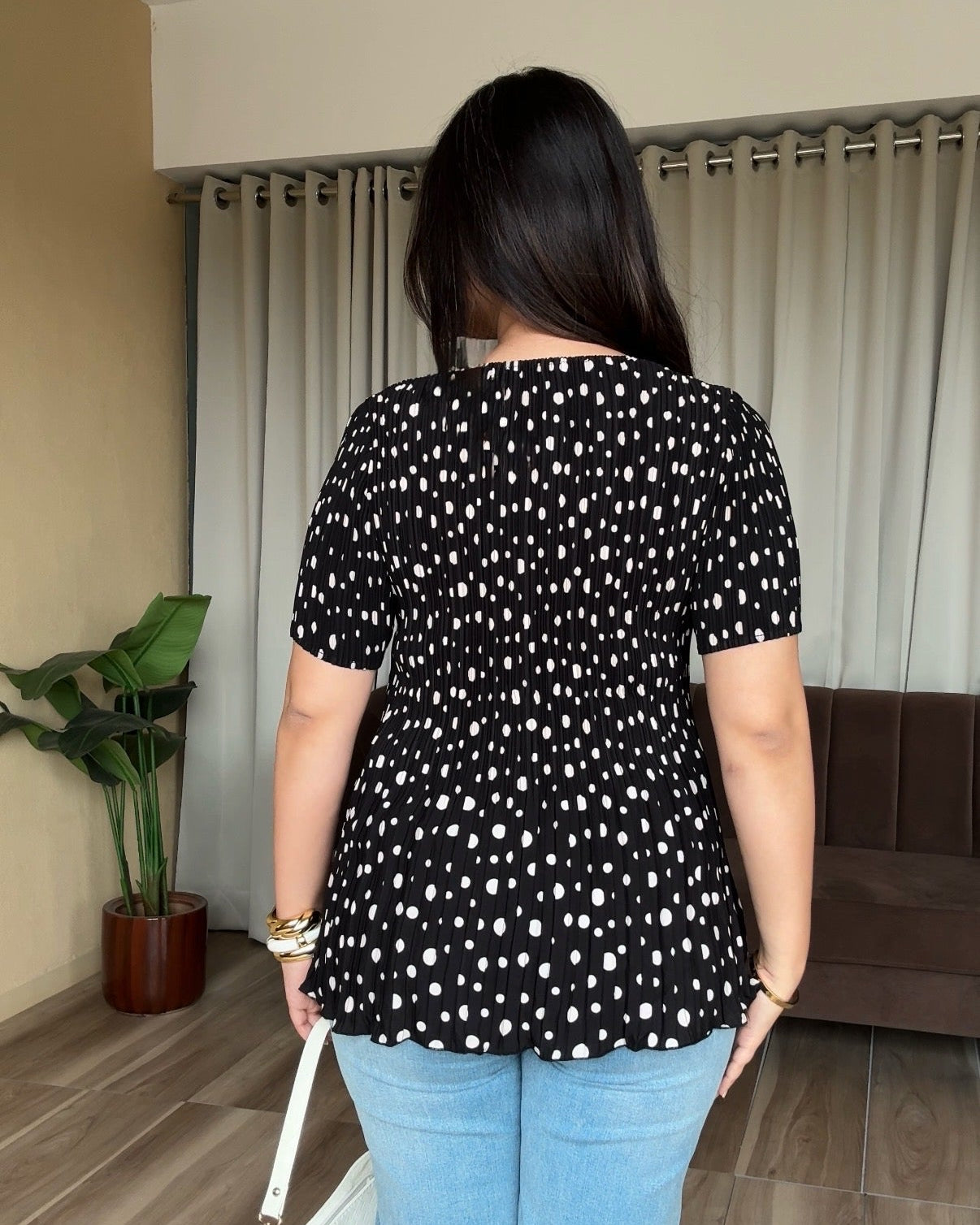 Polka Dot Free Size Pleated Fabric Peplum Top