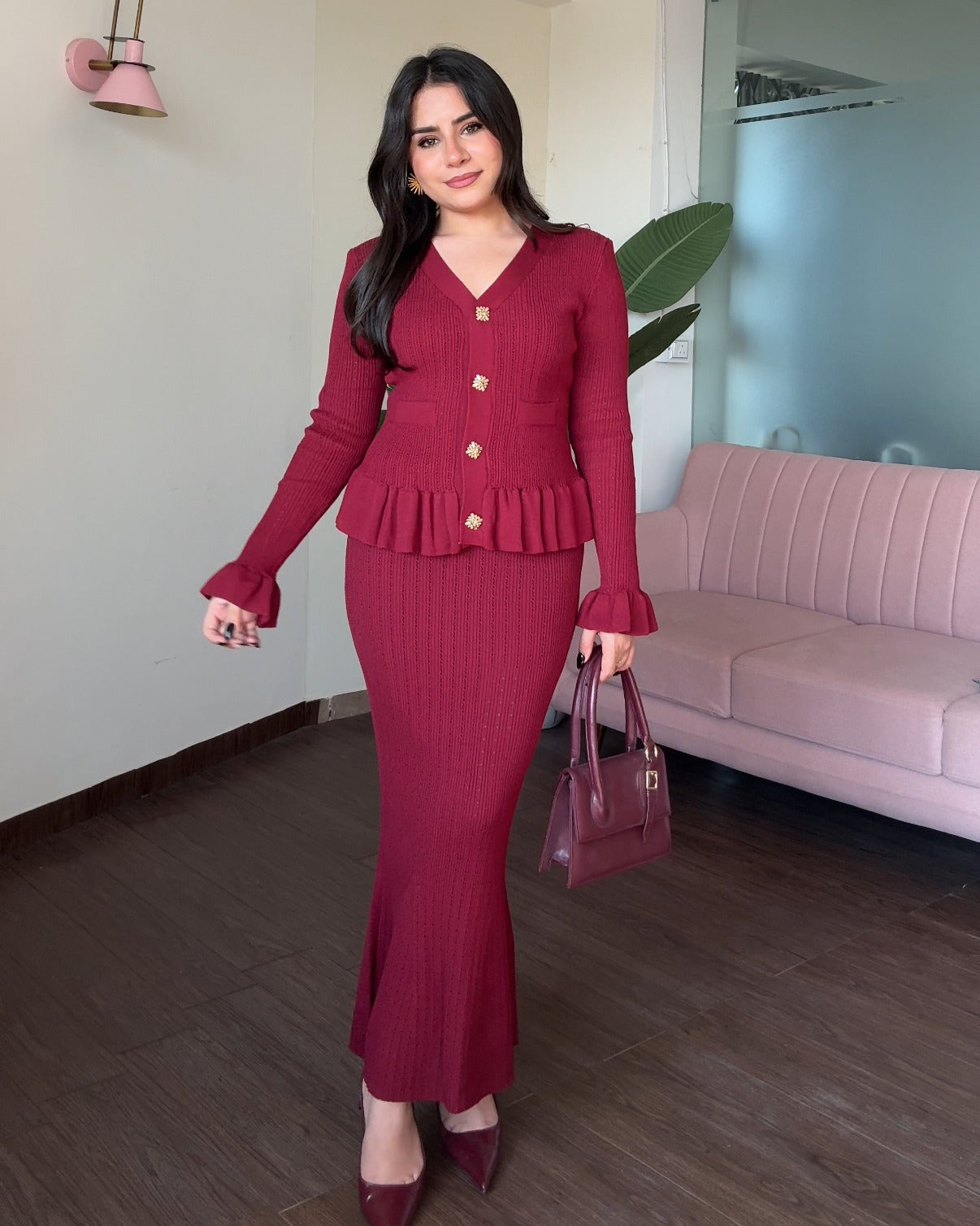 Embellished Button Textured Skirt And Top With Ruffle Hem