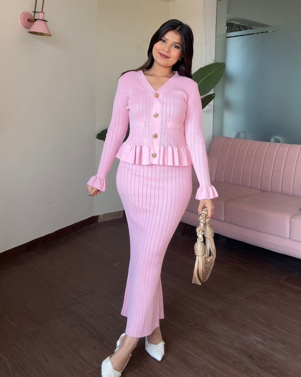 Embellished Button Textured Skirt And Top With Ruffle Hem