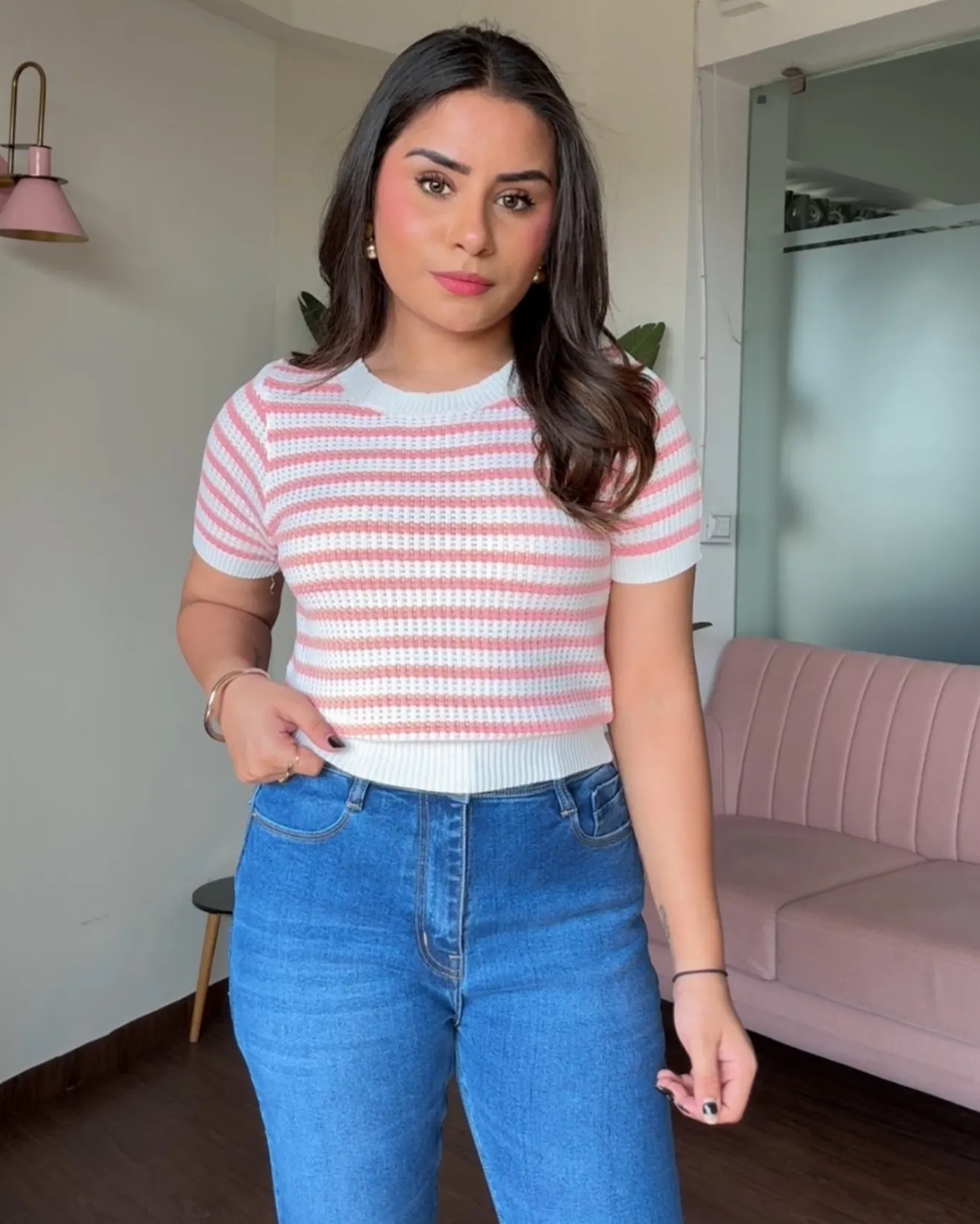 Crochet Summer Round Neck Striped Tee