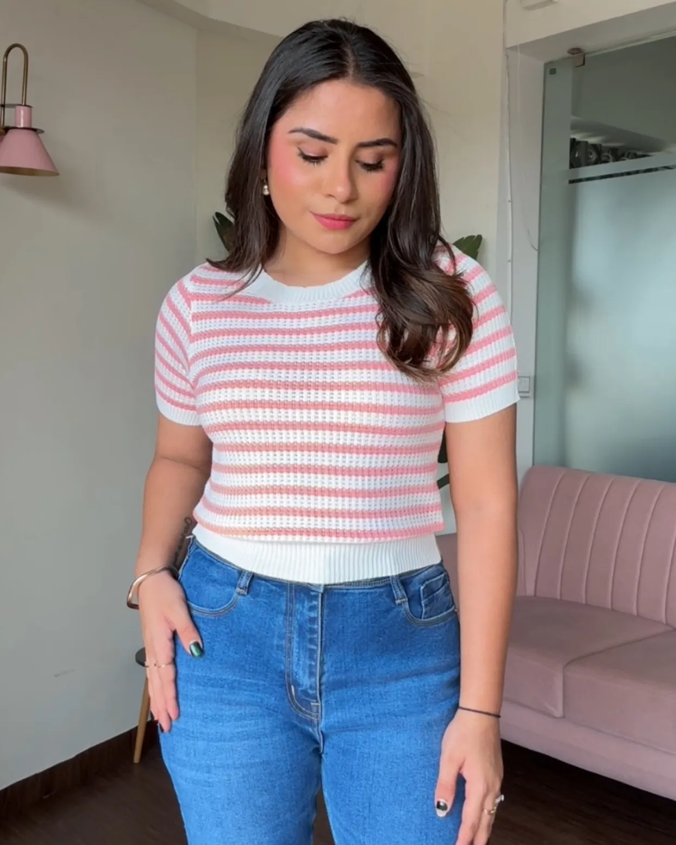 Crochet Summer Round Neck Striped Tee