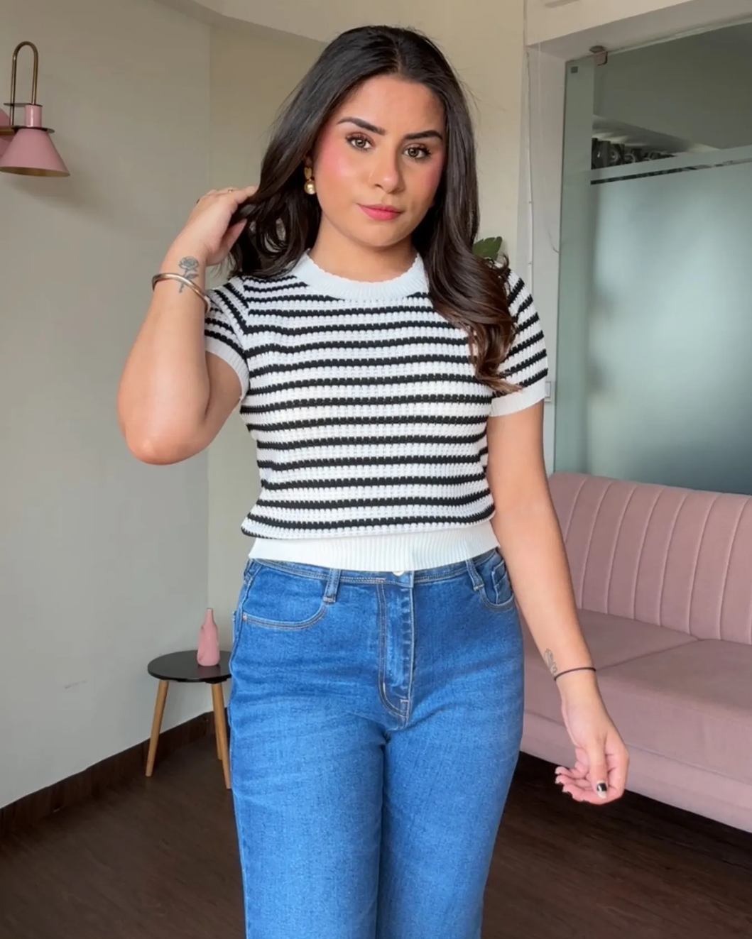 Crochet Summer Round Neck Striped Tee