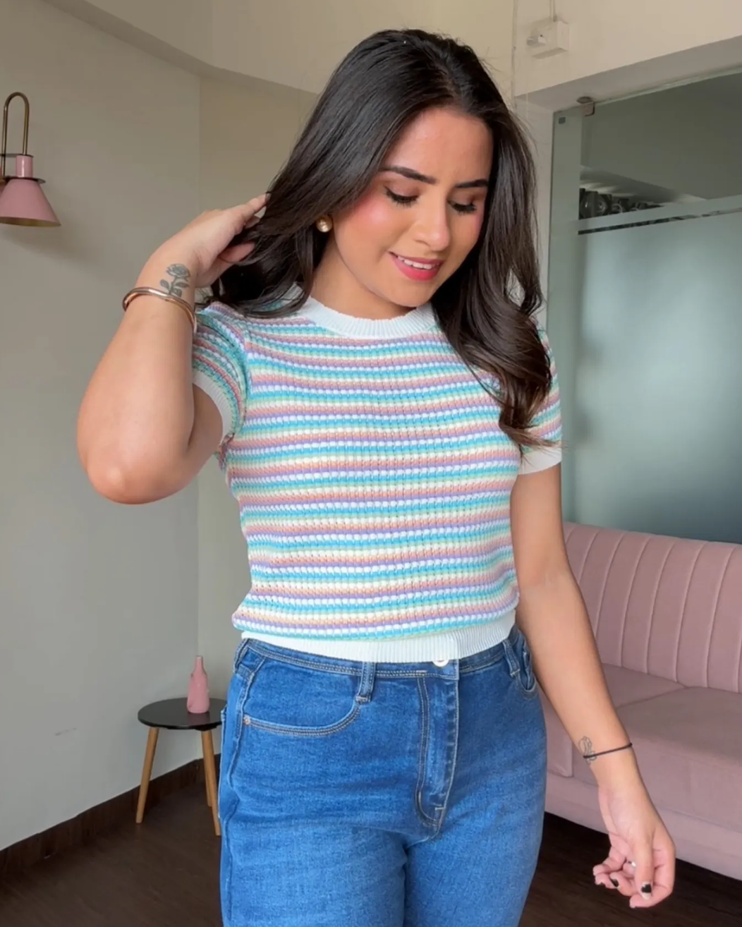 Crochet Summer Round Neck Striped Tee