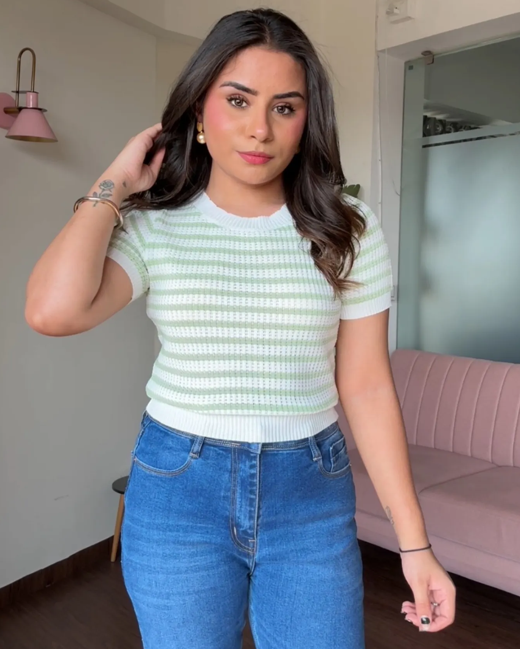 Crochet Summer Round Neck Striped Tee