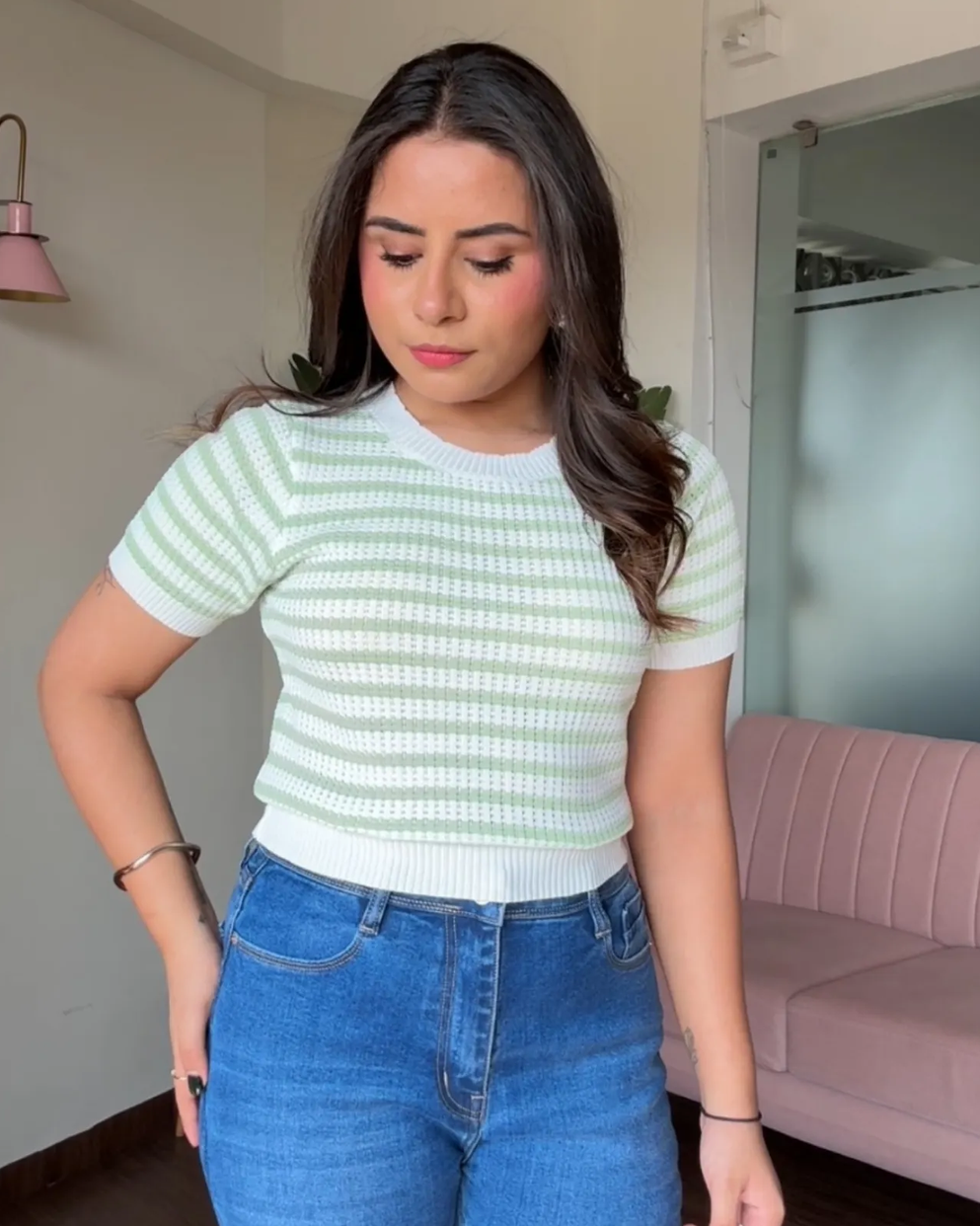 Crochet Summer Round Neck Striped Tee