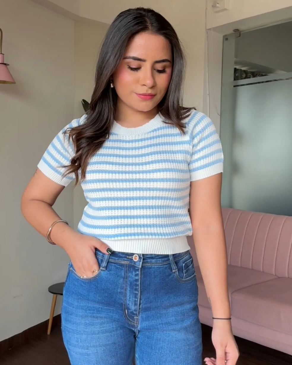 Crochet Summer Round Neck Striped Tee