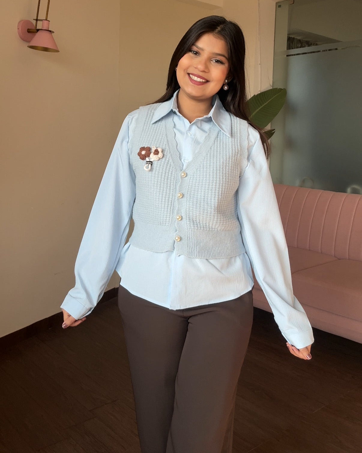 Flower Crochet Vest With Button Up Shirt