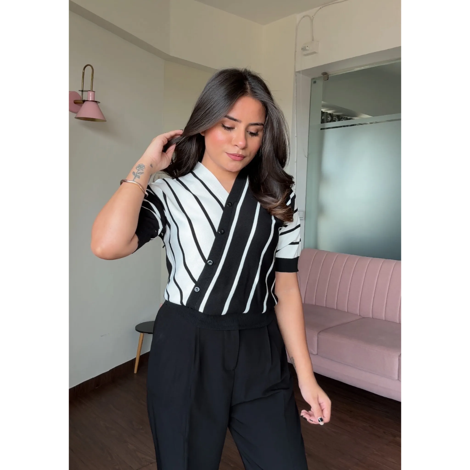 Striped V Neck Baggy Top