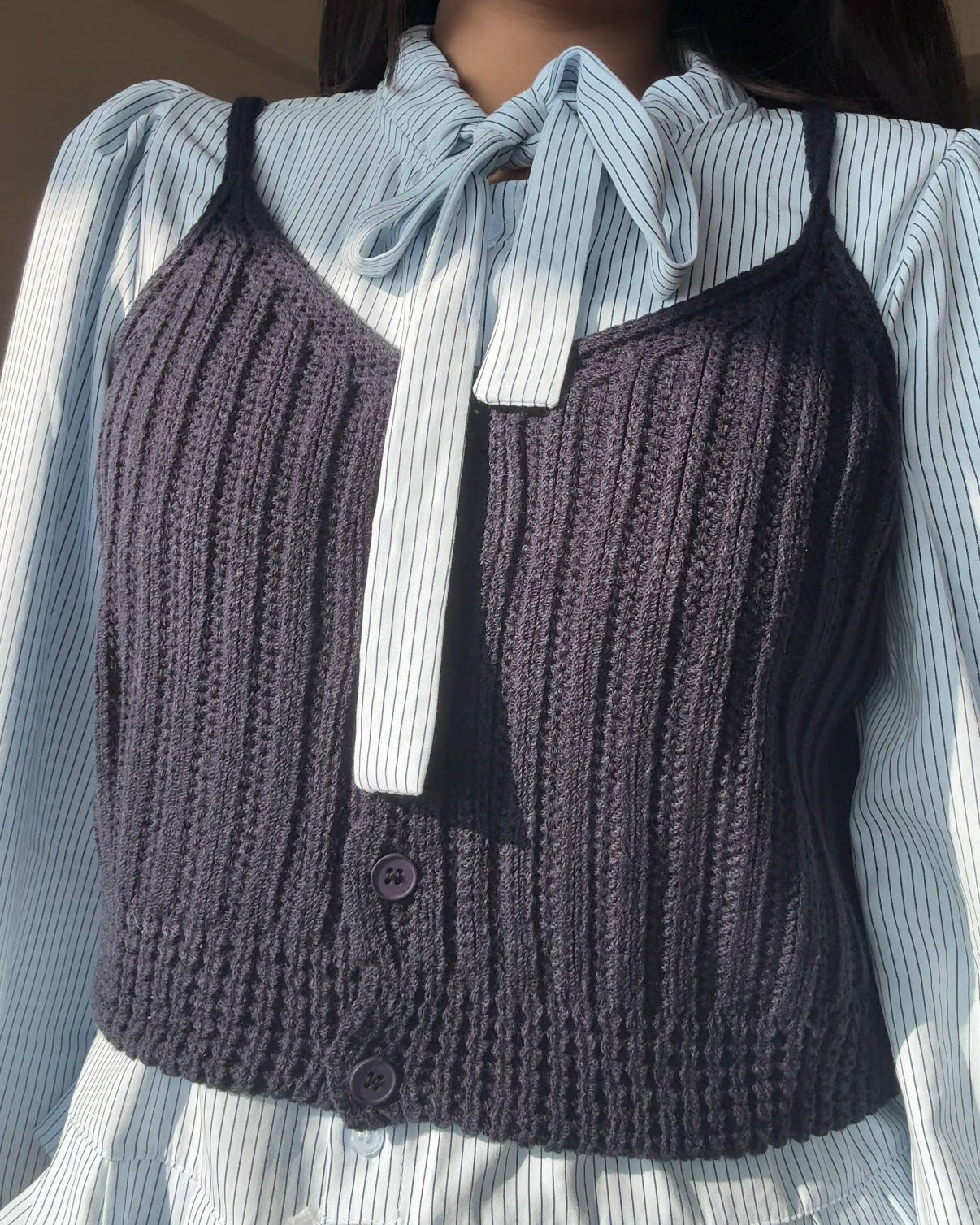 2 Piece Striped Tie Up Shirt With Crochet Top