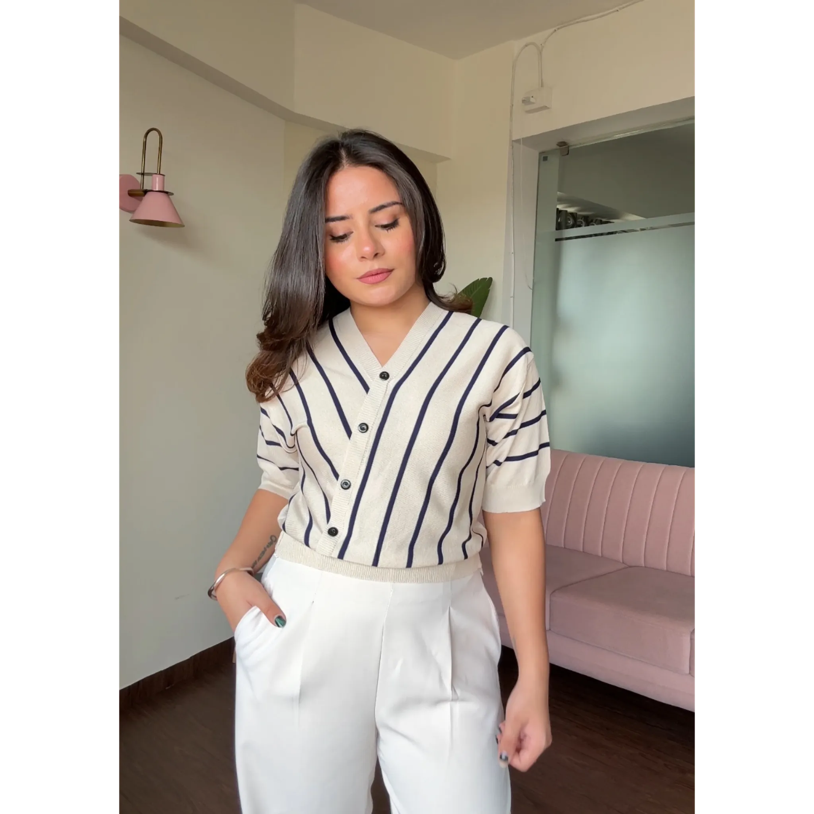 Striped V Neck Baggy Top