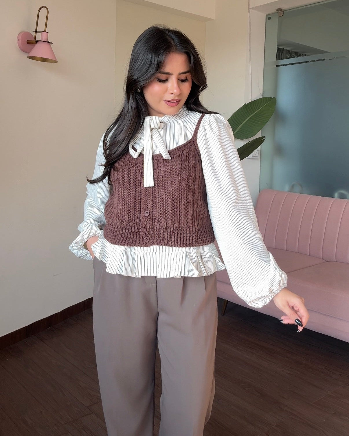 2 Piece Striped Tie Up Shirt With Crochet Top