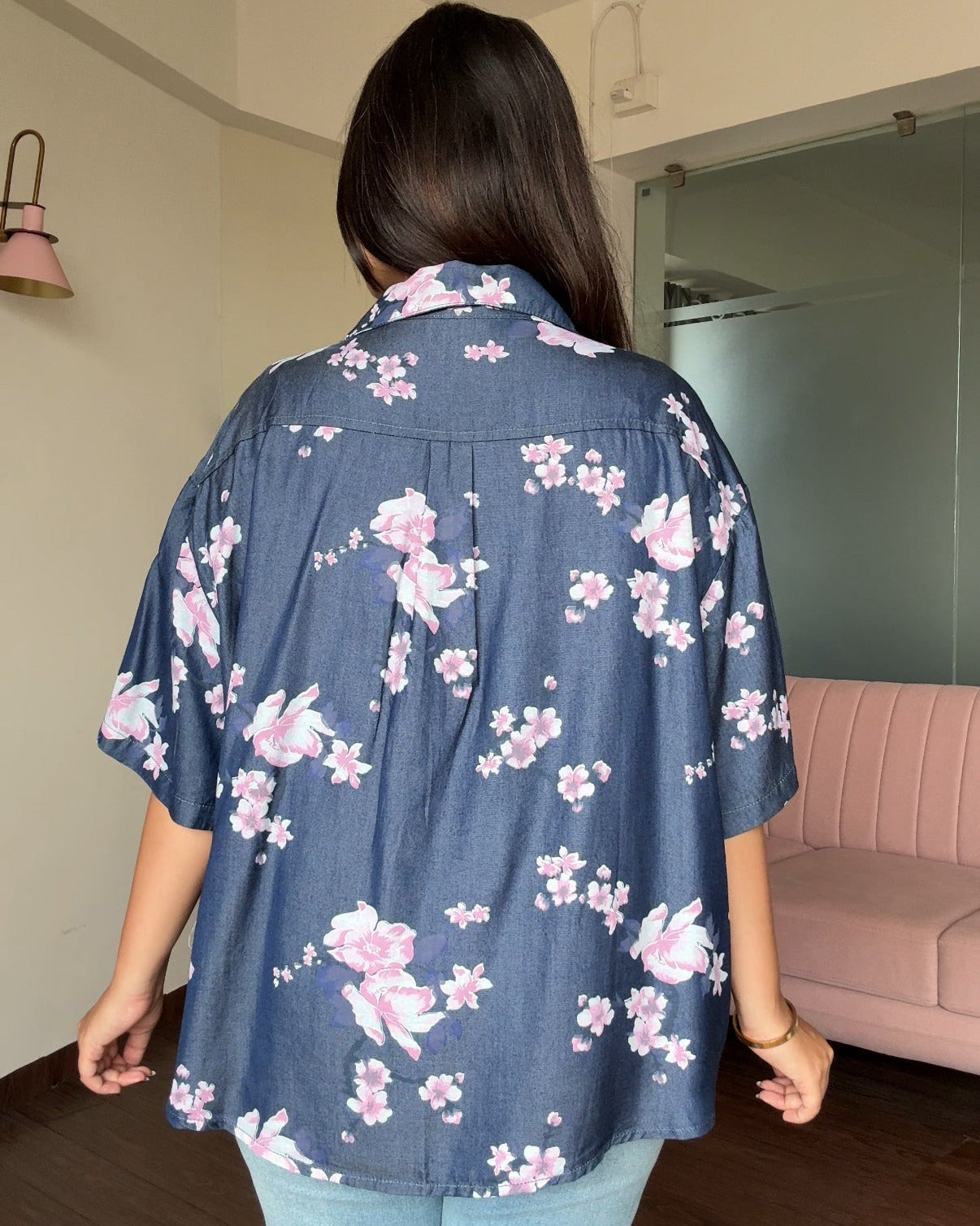 Cherry Blossom Printed Light Weight Denim Shirt