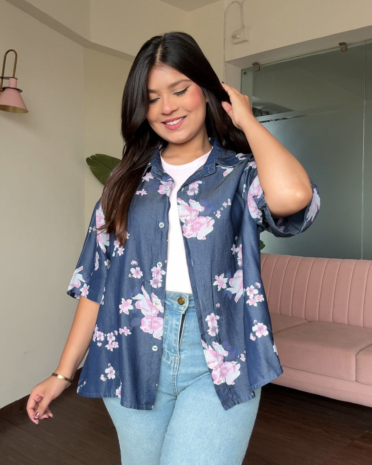 Cherry Blossom Printed Light Weight Denim Shirt