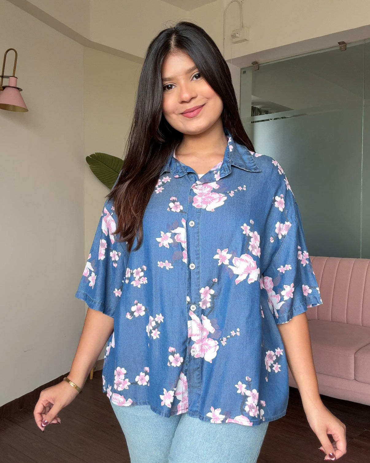 Cherry Blossom Printed Light Weight Denim Shirt