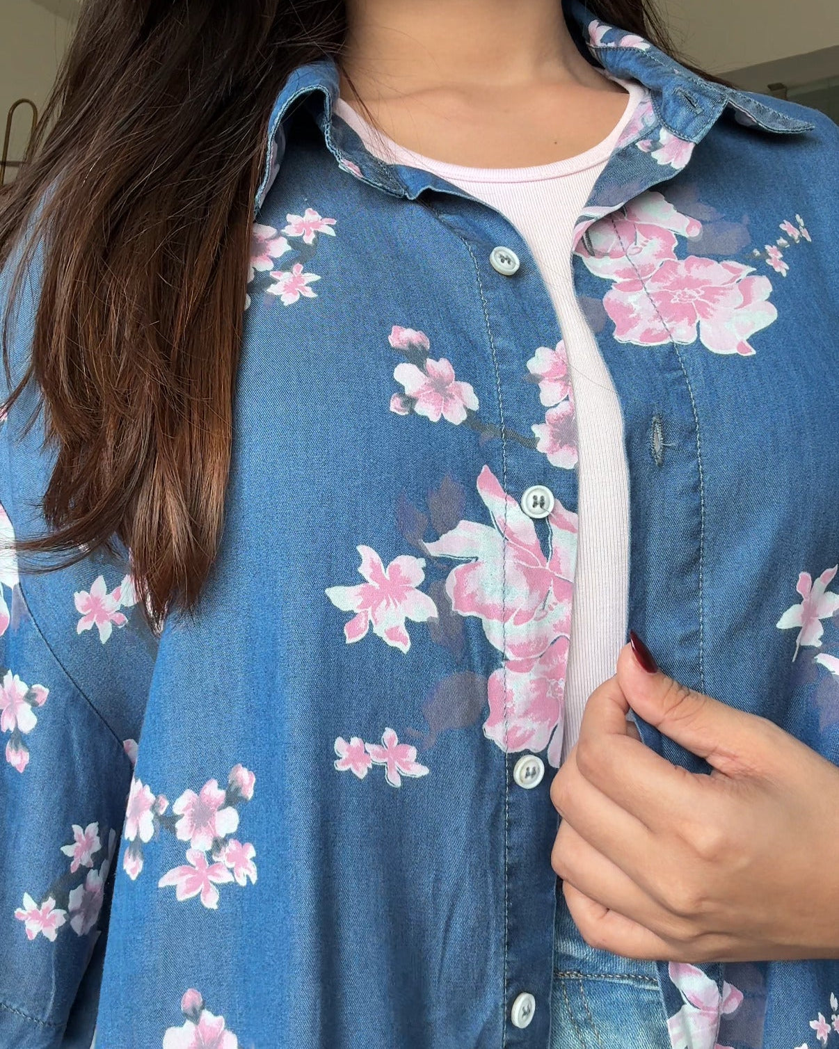 Cherry Blossom Printed Light Weight Denim Shirt