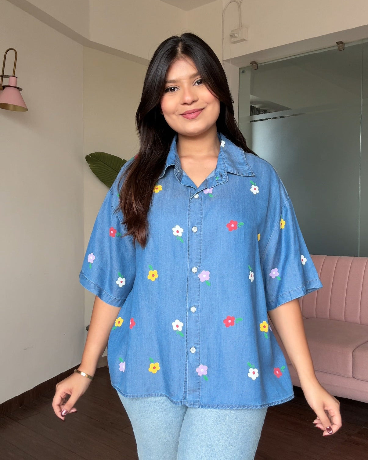 Multicolour Flower Detailing Printed Light Weight Denim Shirt