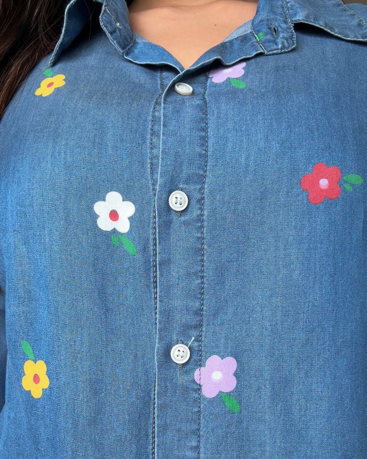 Multicolour Flower Detailing Printed Light Weight Denim Shirt