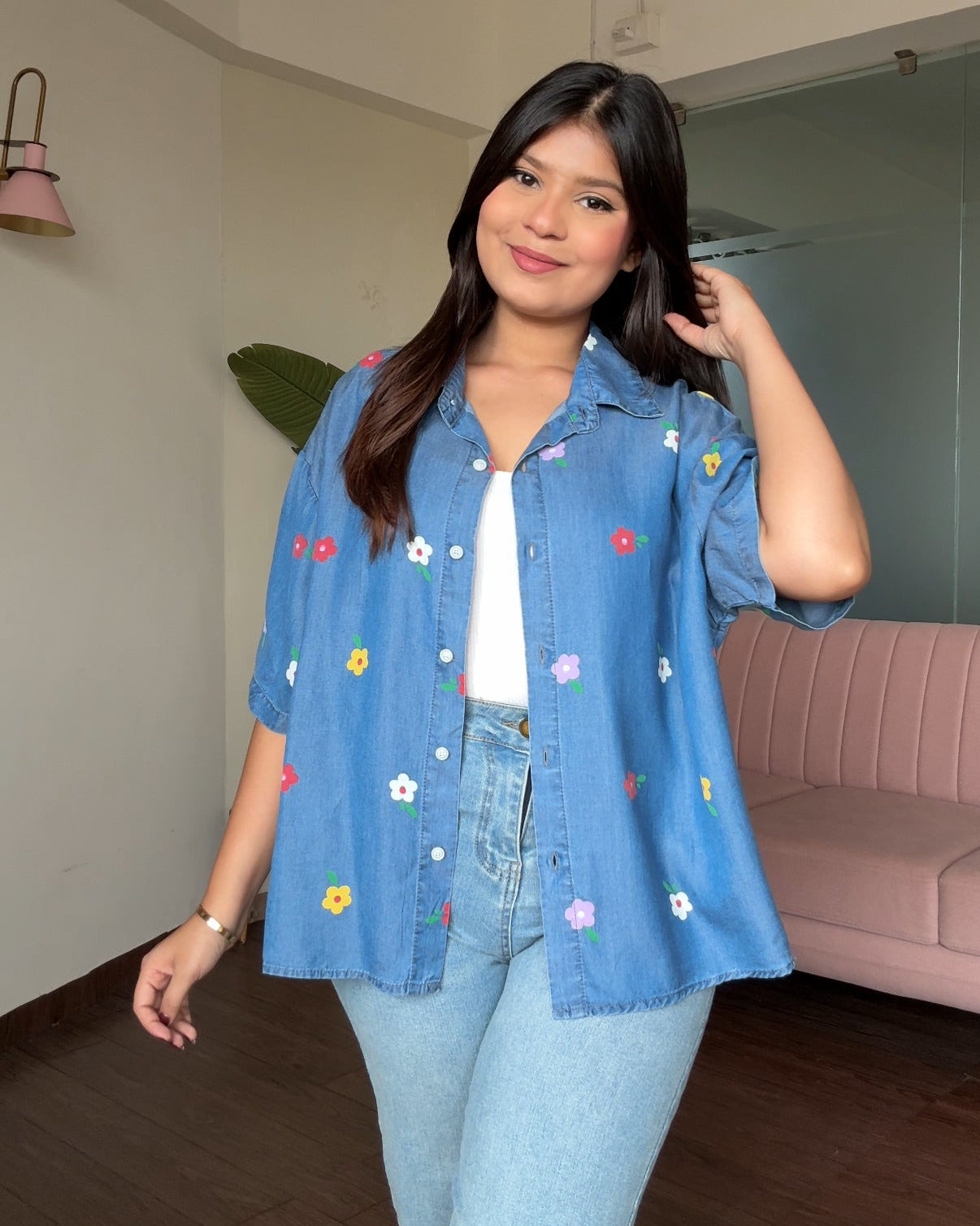Multicolour Flower Detailing Printed Light Weight Denim Shirt