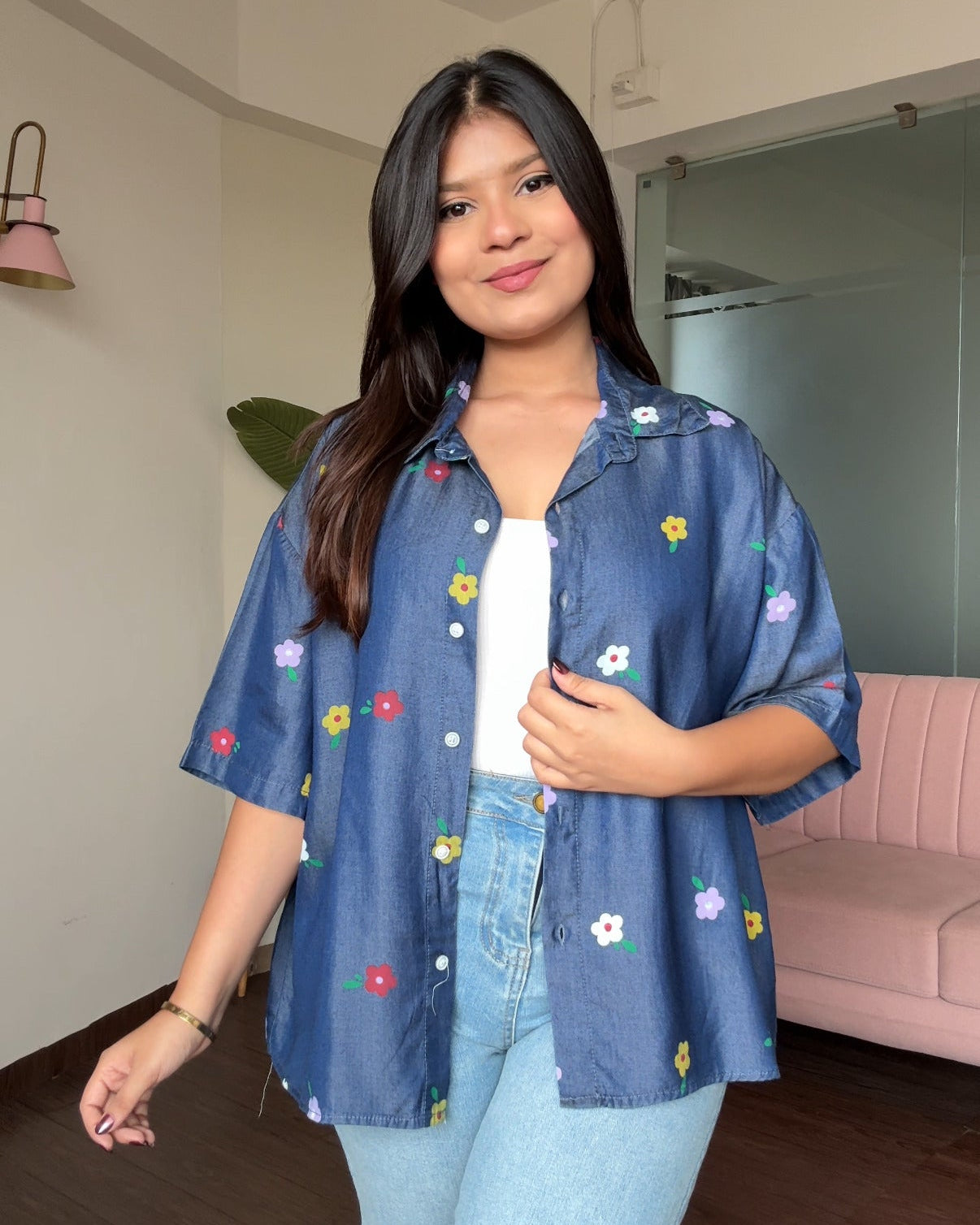 Multicolour Flower Detailing Printed Light Weight Denim Shirt