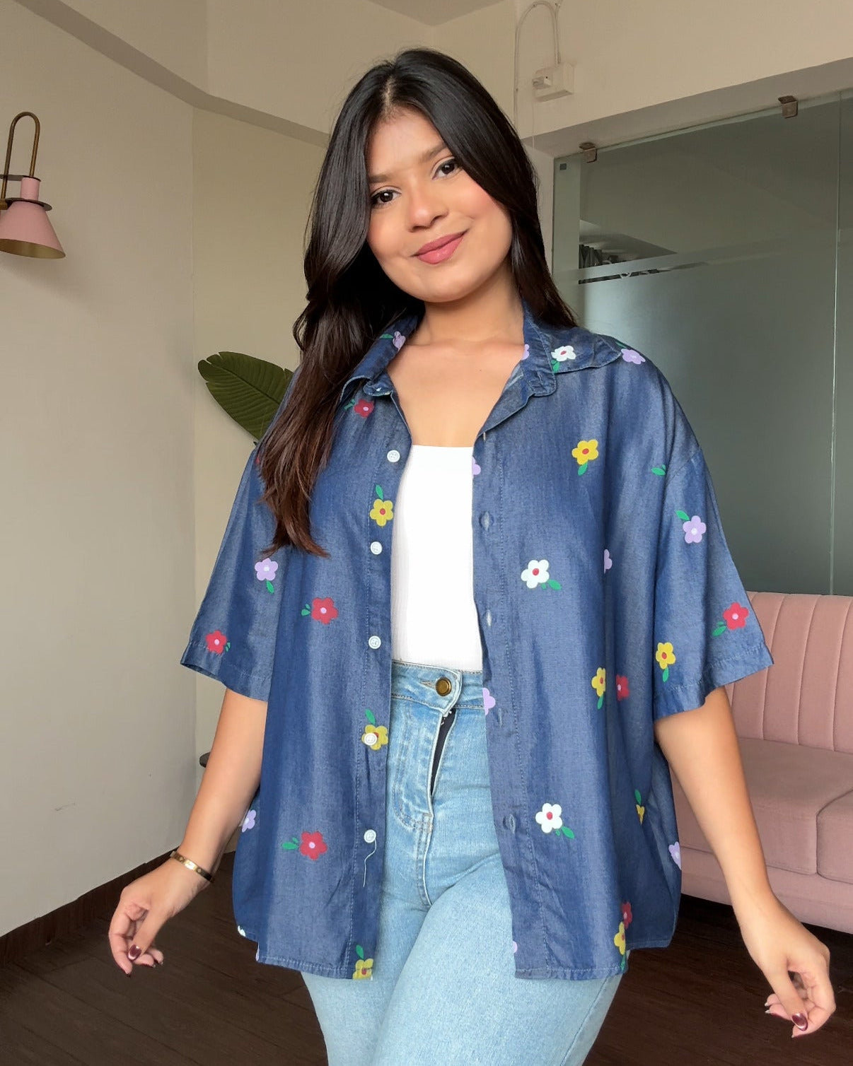 Multicolour Flower Detailing Printed Light Weight Denim Shirt