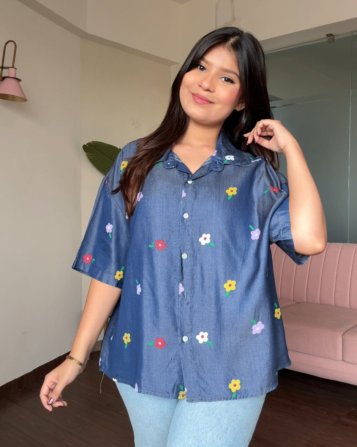 Multicolour Flower Detailing Printed Light Weight Denim Shirt