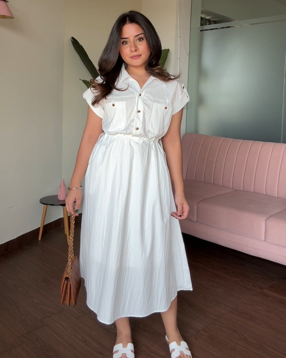 Pure Cotton Adjustable Waist Shirt Dress