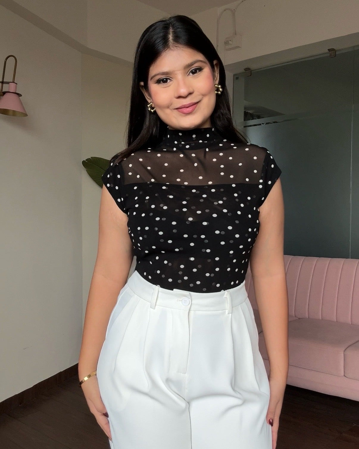 Polka Dot Cut Sleeve Mesh Top