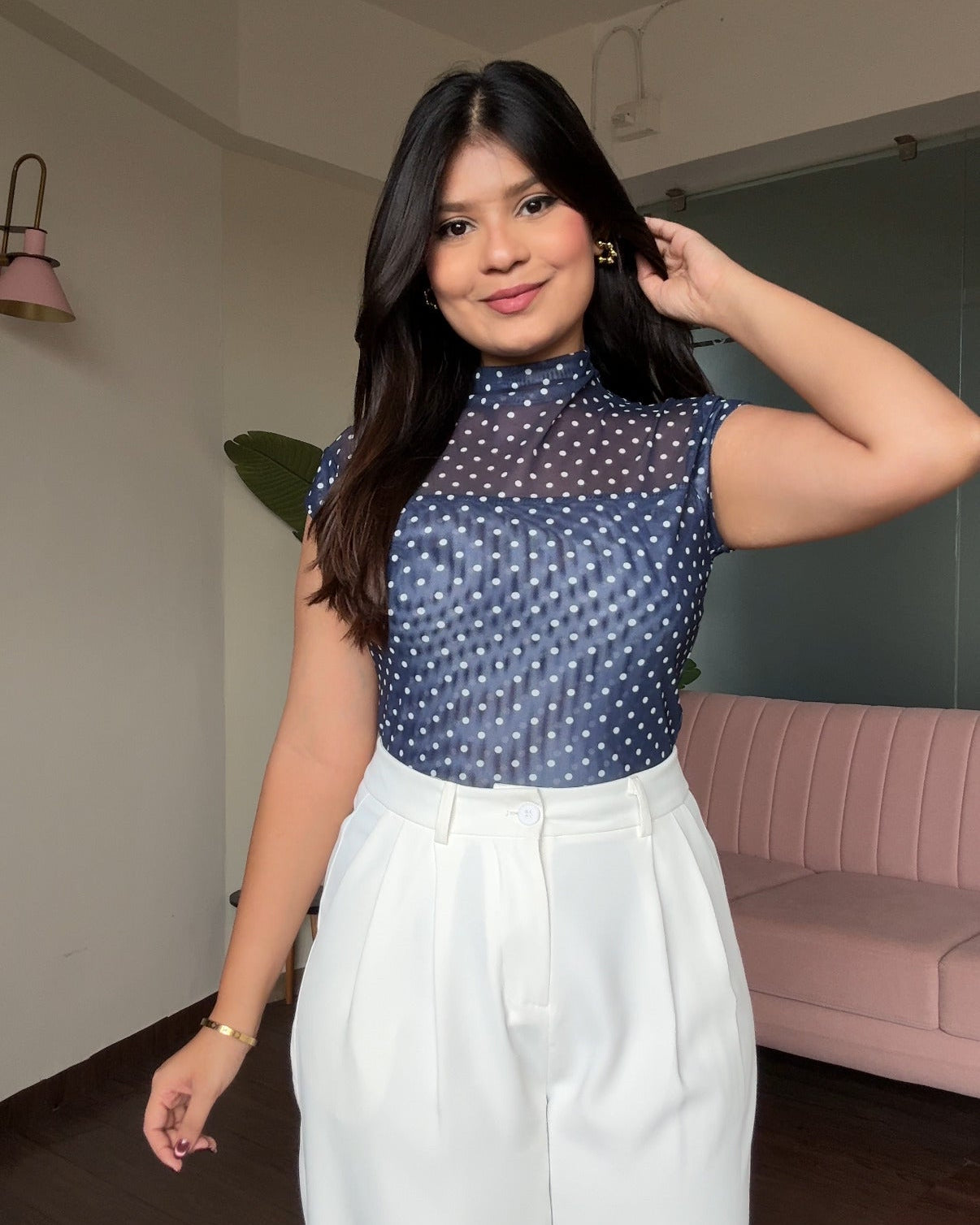 Polka Dot Cut Sleeve Mesh Top