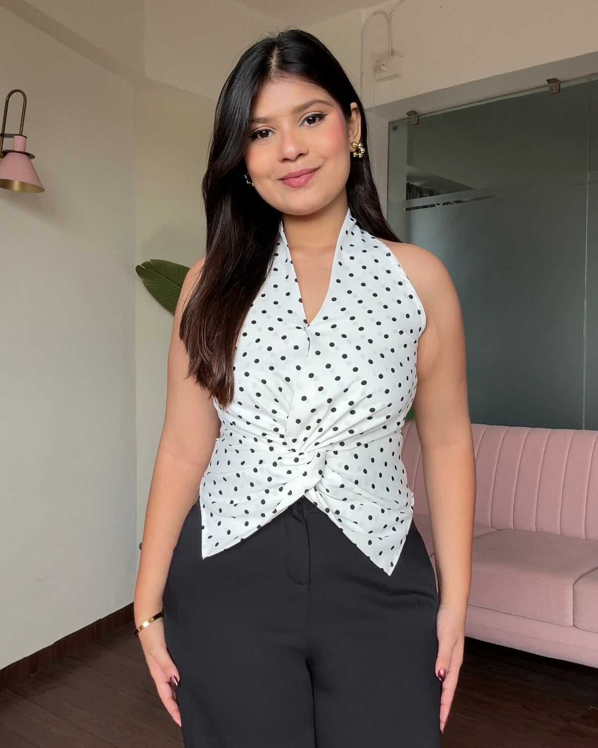 V Neck Knot Detailing Polka Dot Top