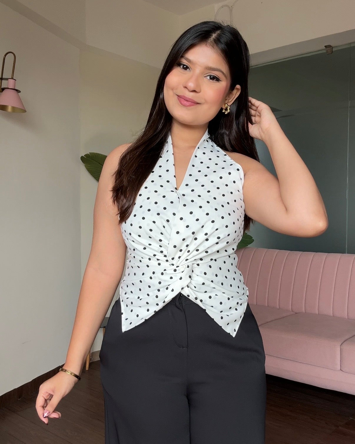 V Neck Knot Detailing Polka Dot Top