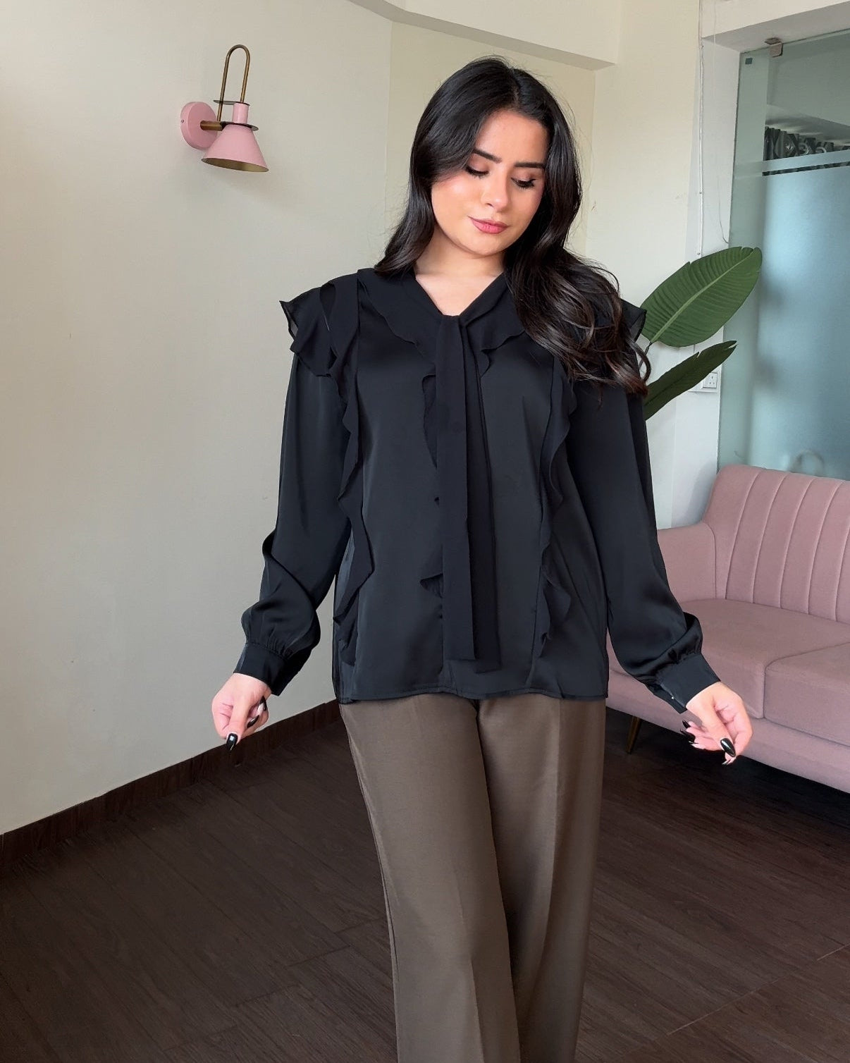 Chiffon Satin Frill Detailing Blouse