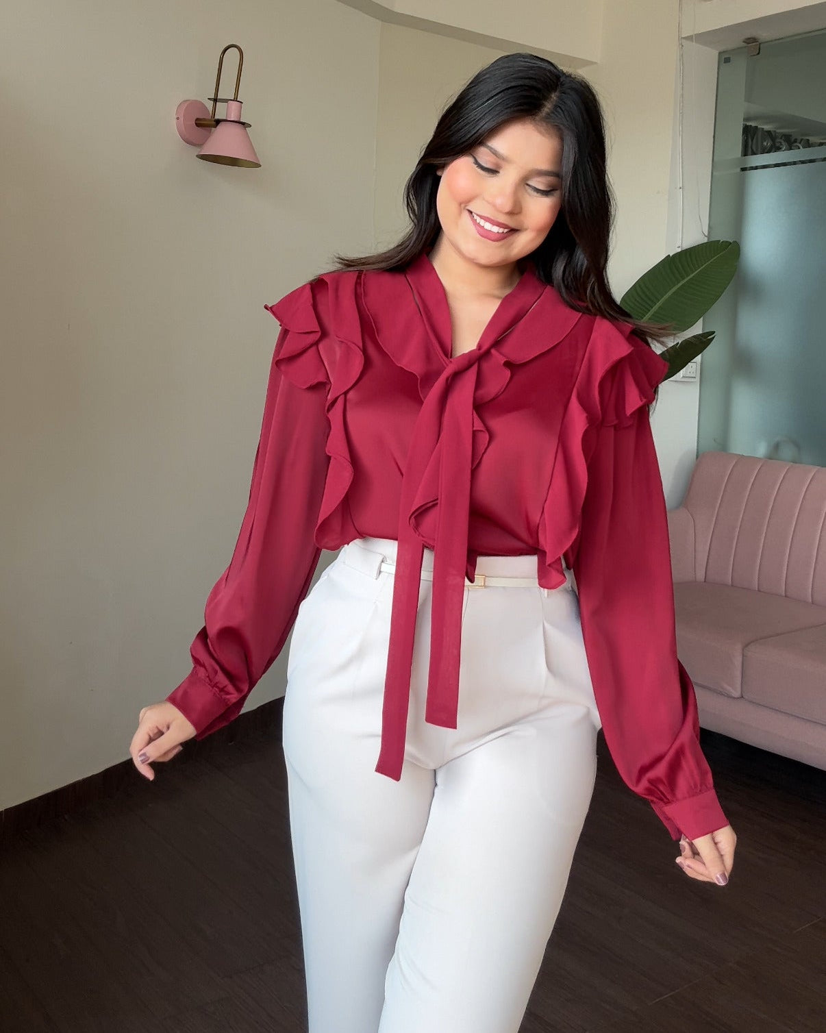 Chiffon Satin Frill Detailing Blouse