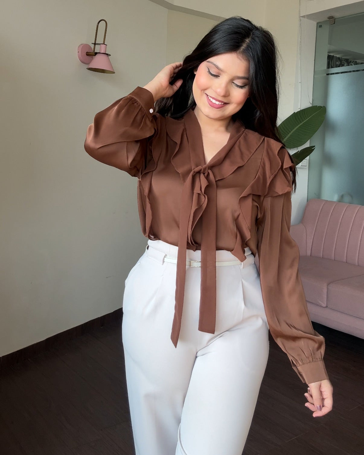 Chiffon Satin Frill Detailing Blouse