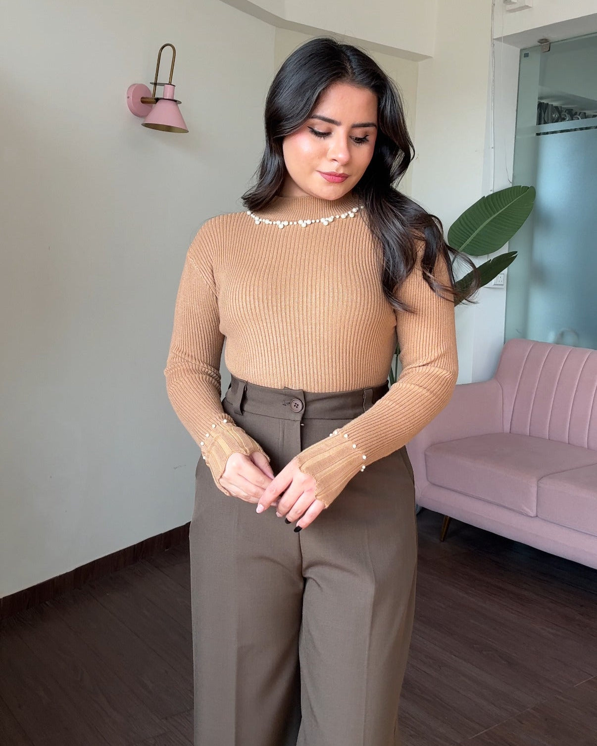 High Neck Ribbed Pearl Detailing Top