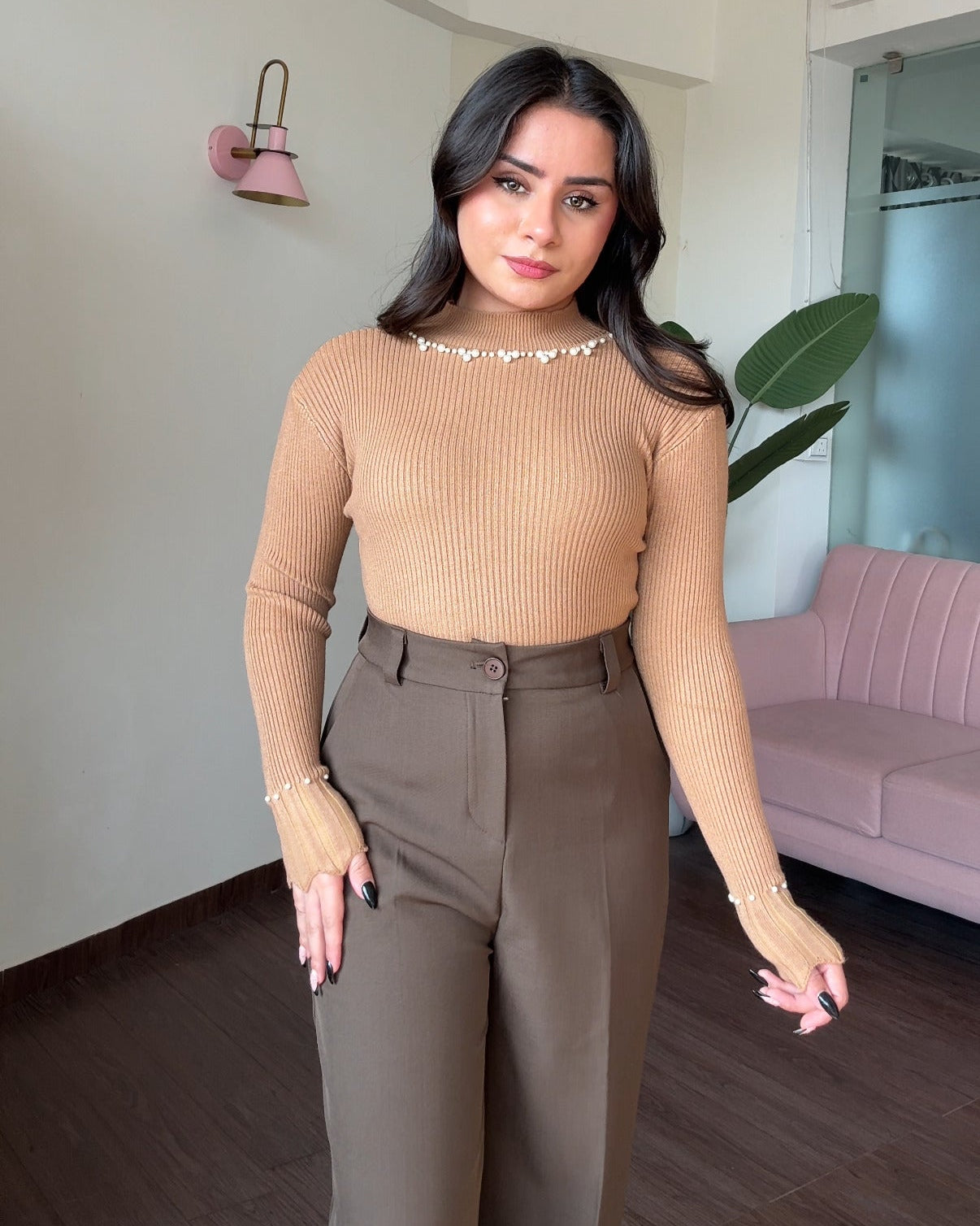 High Neck Ribbed Pearl Detailing Top