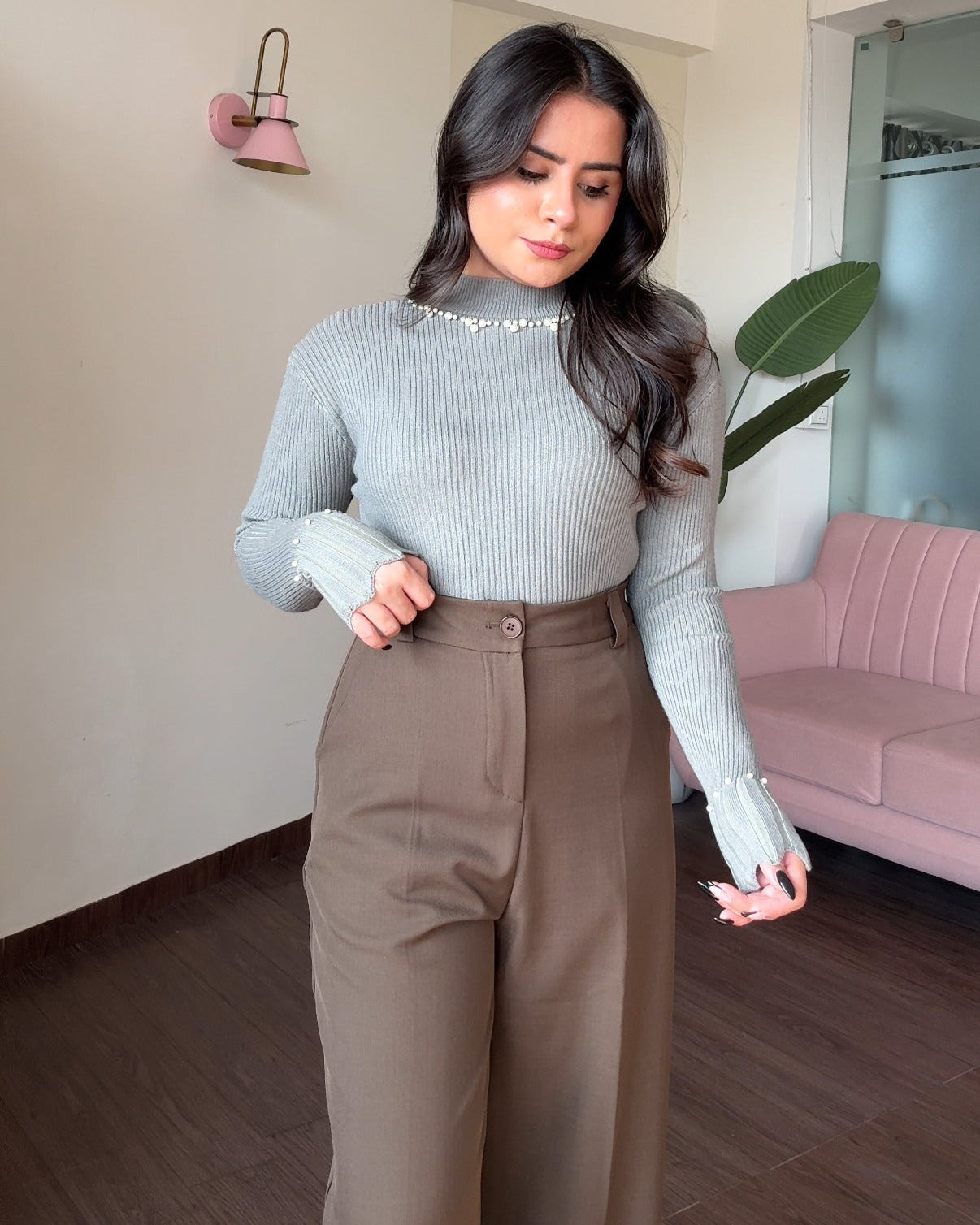 High Neck Ribbed Pearl Detailing Top