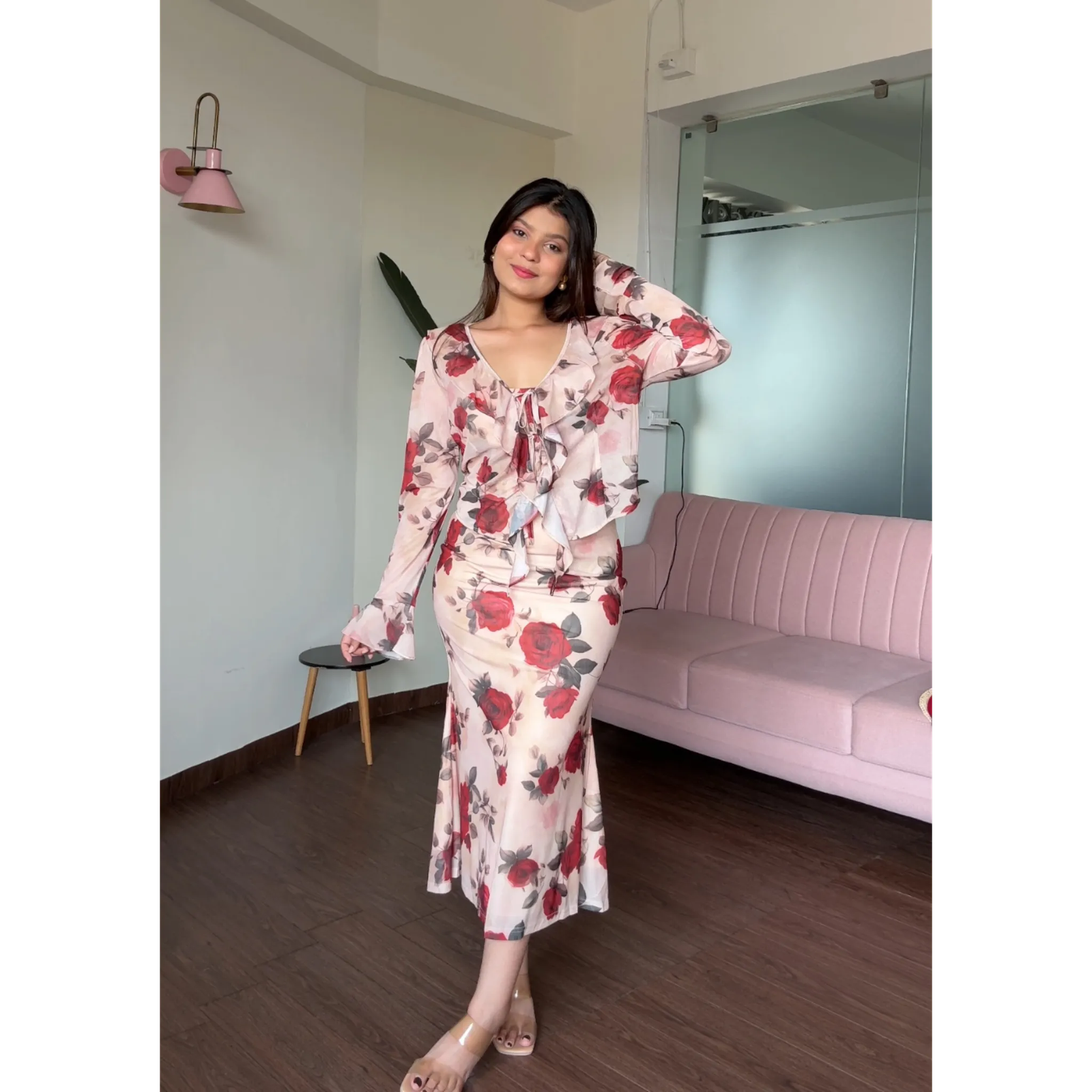 Floral Printed Midi Dress With Ruffle Shrug