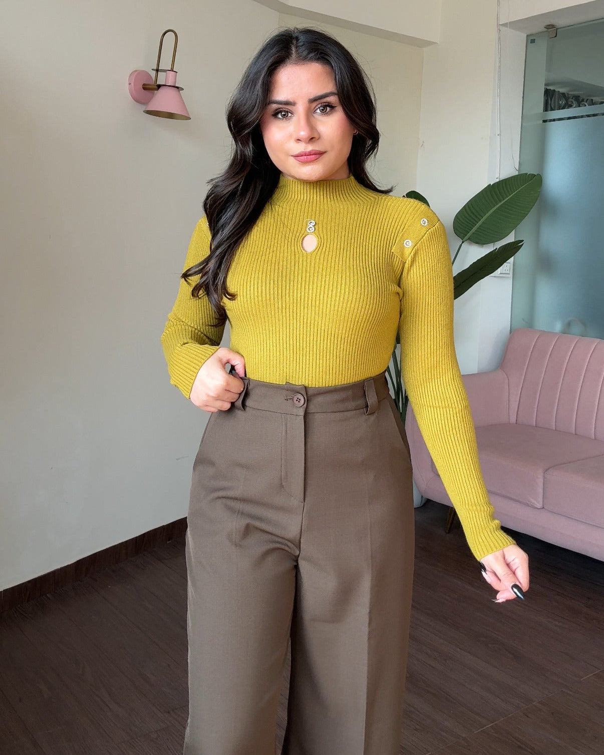 High Neck Ribbed Neck Cut Out Detailing Embellished Top