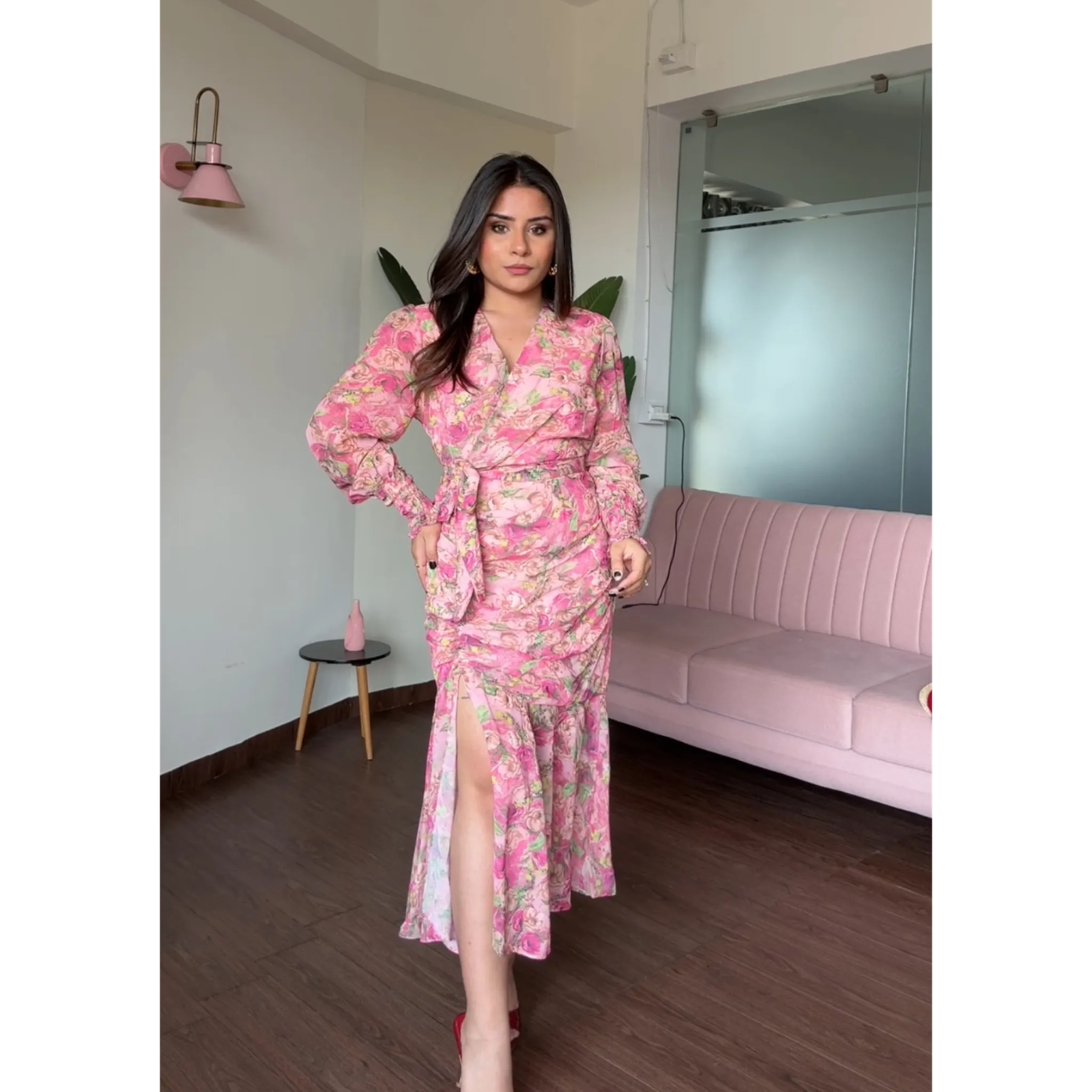 Floral V Neck Flared Ruched Dress With Smoked Sleeves