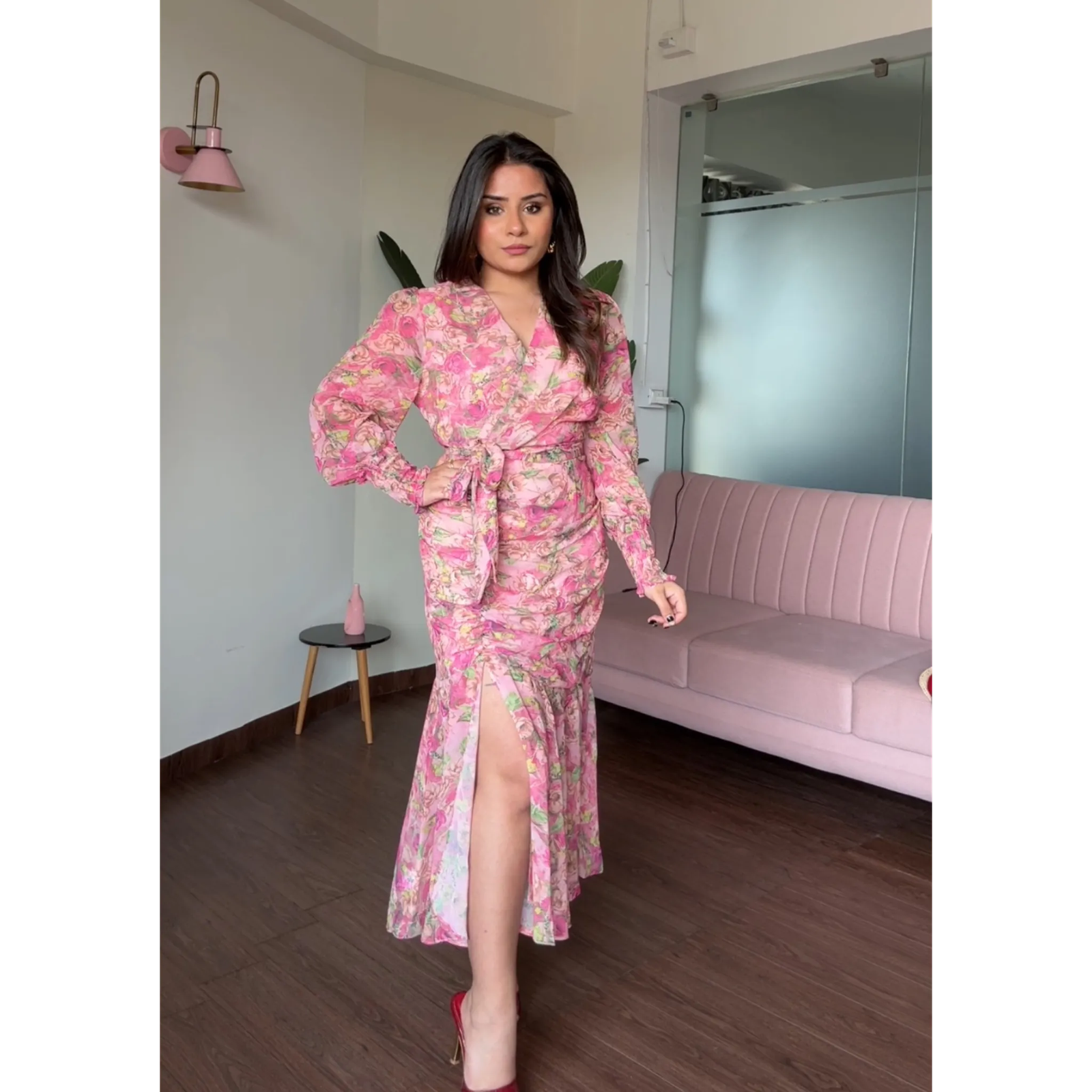 Floral V Neck Flared Ruched Dress With Smoked Sleeves