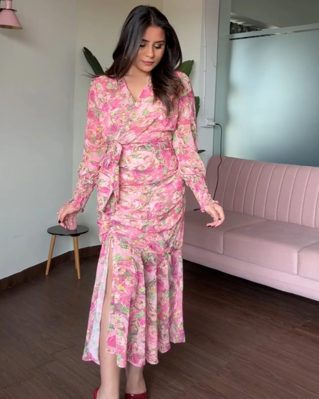 Floral V Neck Flared Ruched Dress With Smoked Sleeves