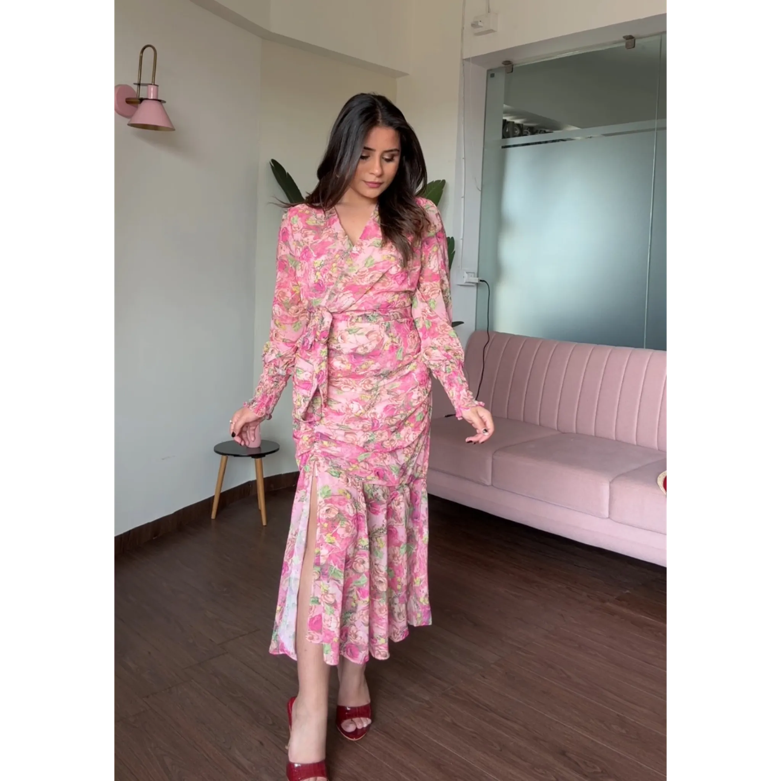 Floral V Neck Flared Ruched Dress With Smoked Sleeves