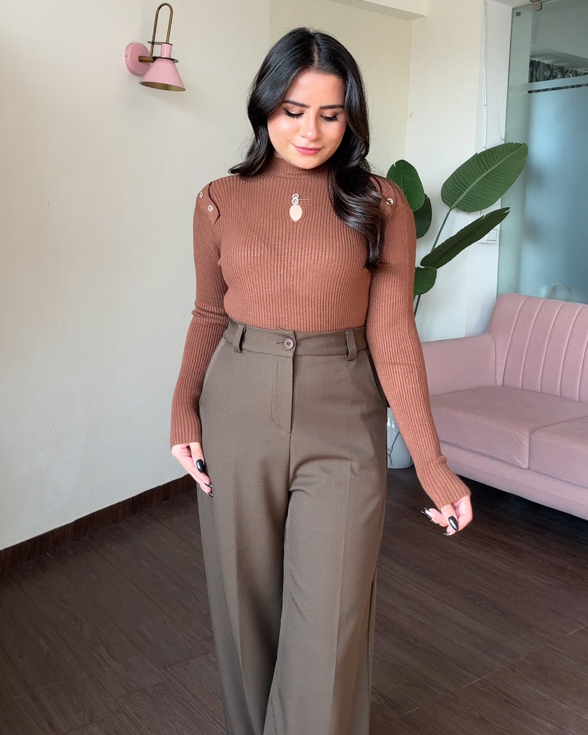 High Neck Ribbed Neck Cut Out Detailing Embellished Top