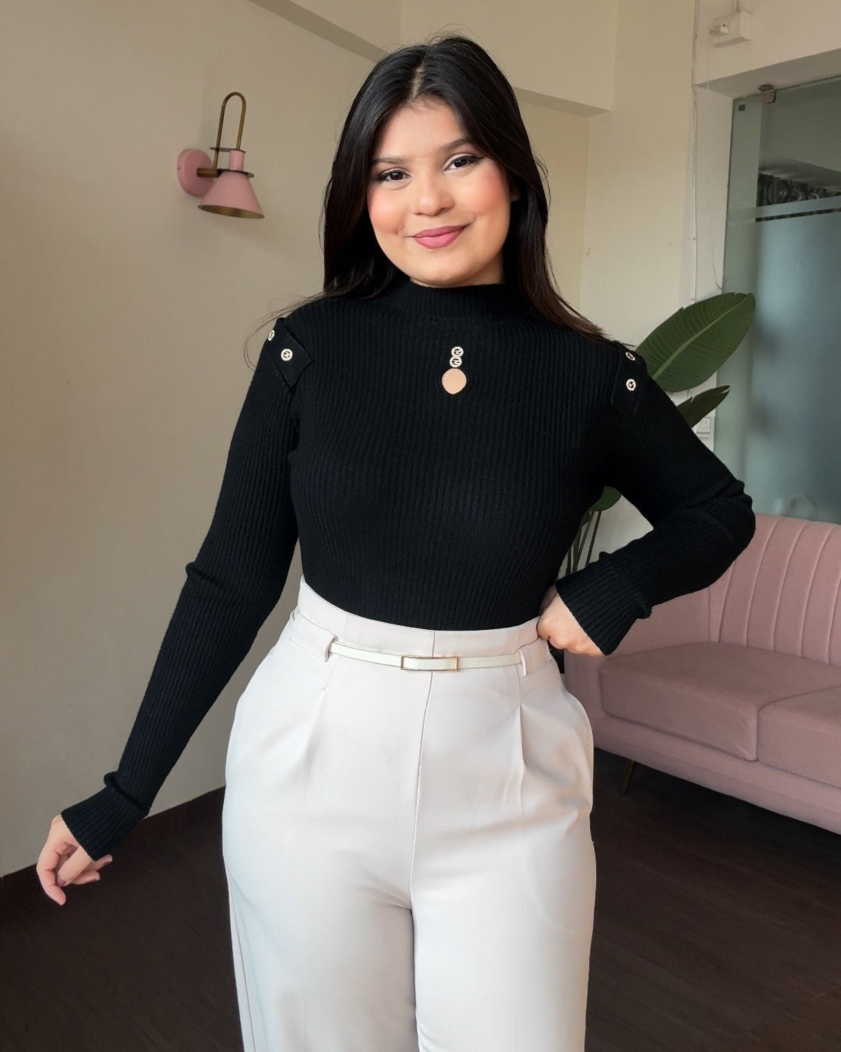 High Neck Ribbed Neck Cut Out Detailing Embellished Top