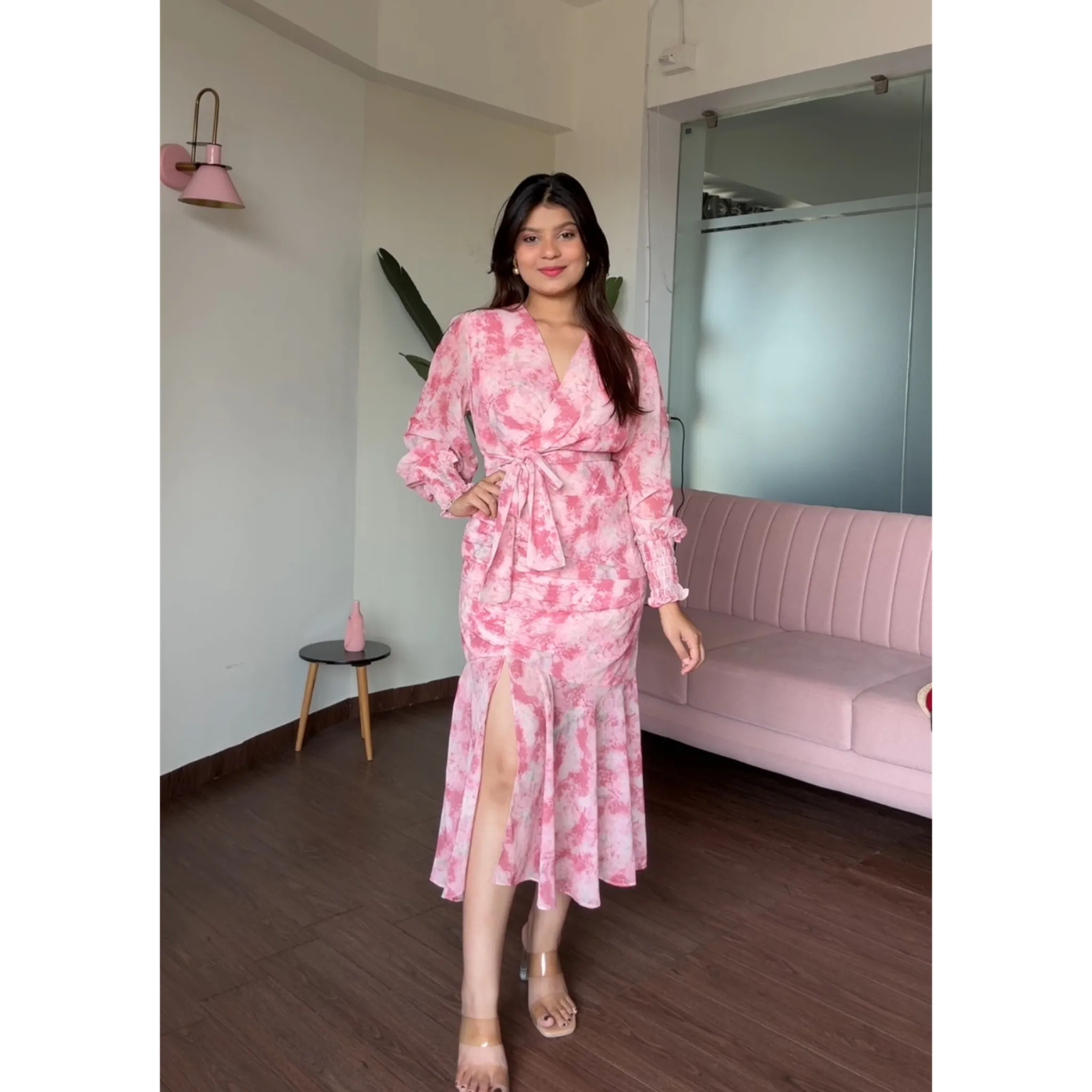 Floral V Neck Flared Ruched Dress With Smoked Sleeves
