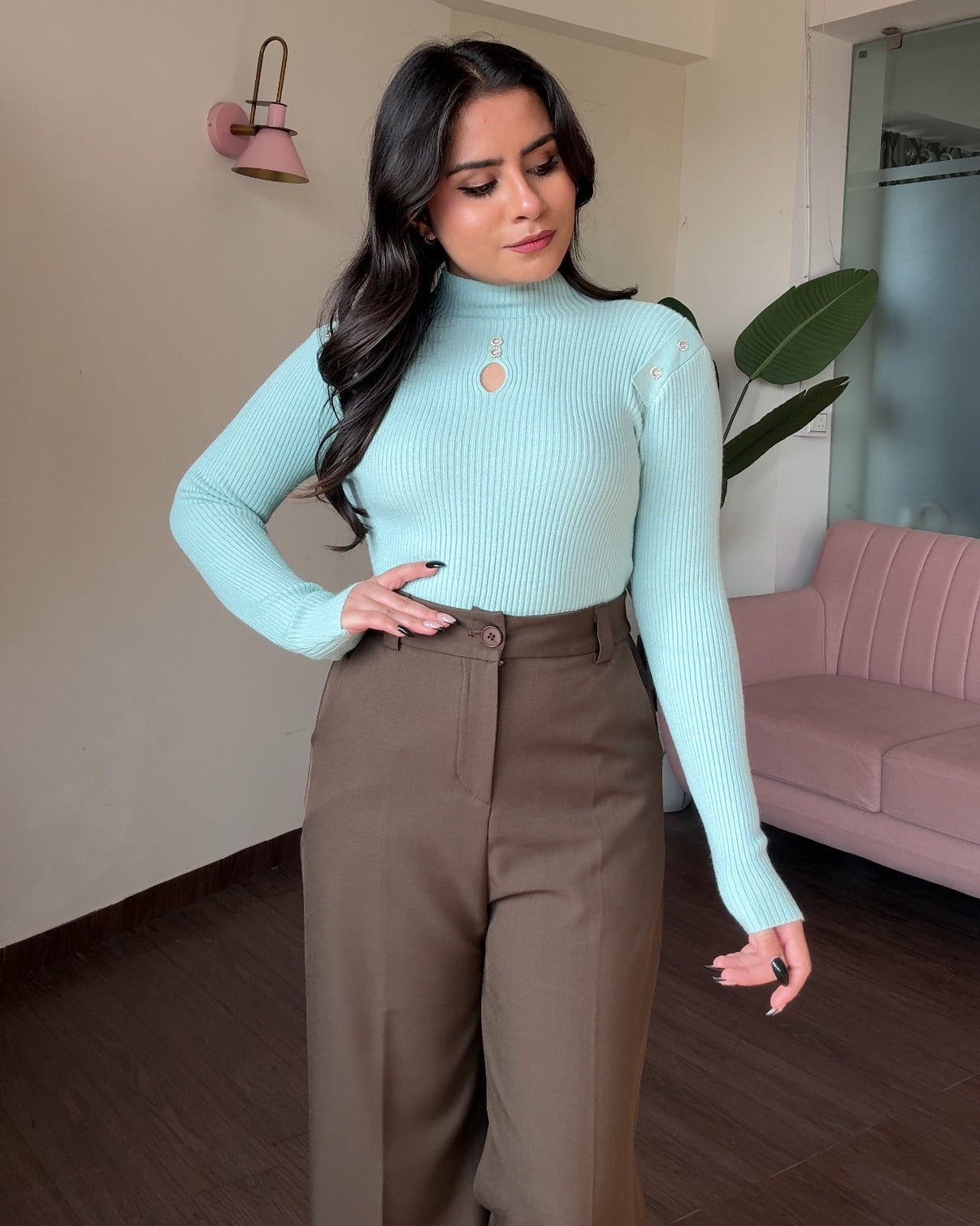 High Neck Ribbed Neck Cut Out Detailing Embellished Top