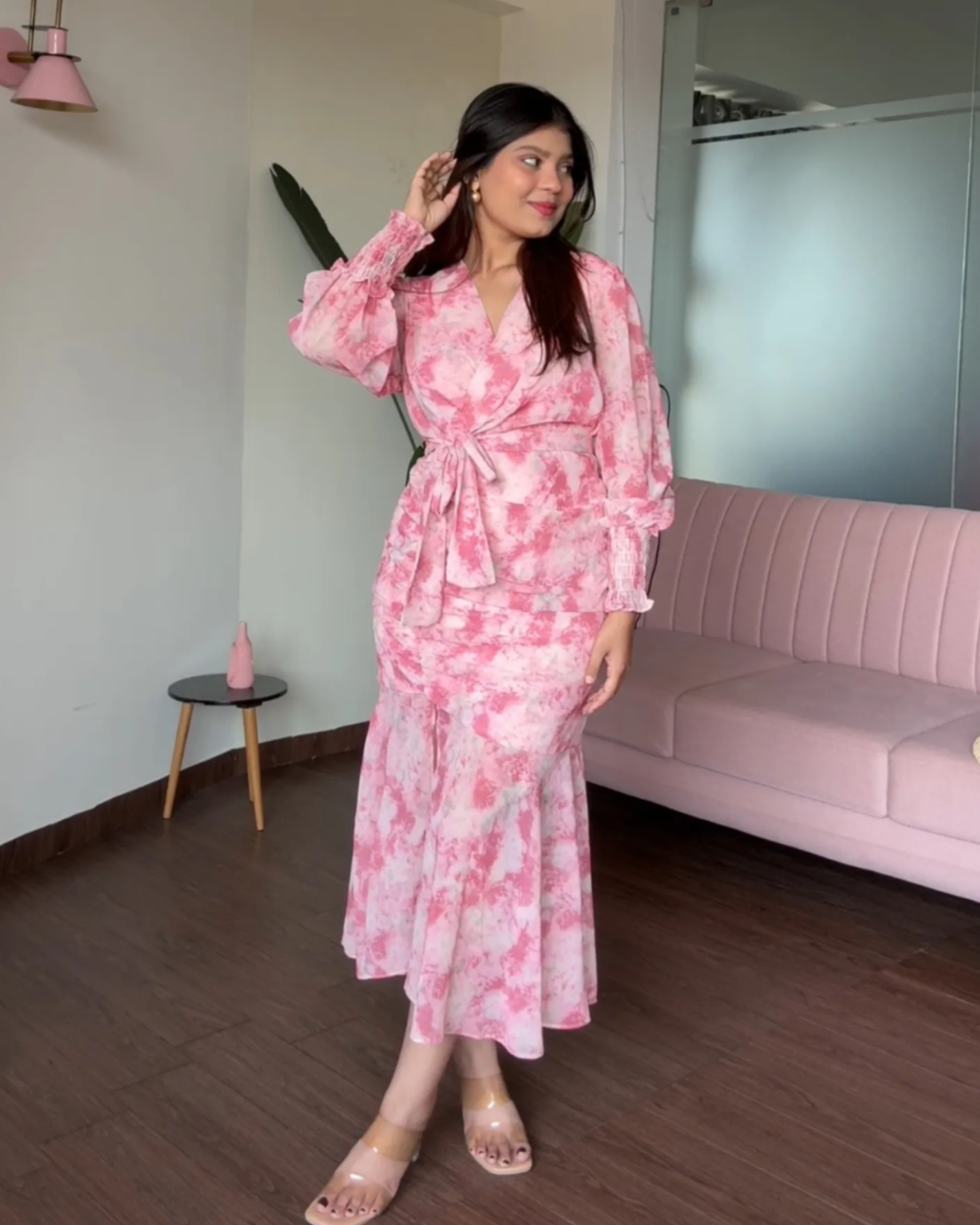 Floral V Neck Flared Ruched Dress With Smoked Sleeves